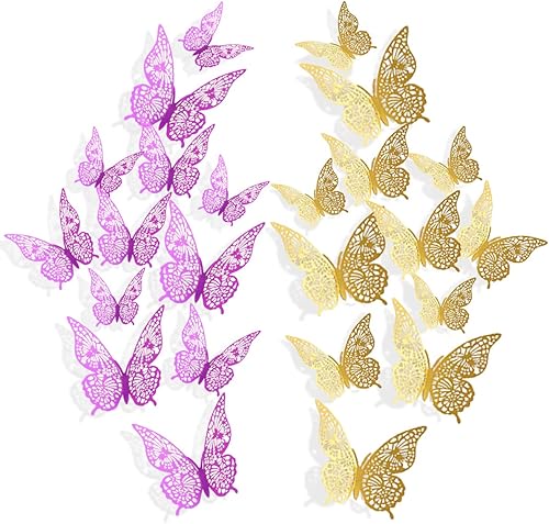 Adhesivos de pared de mariposa de oro morado 3D, 24 calcomanías de pared de mariposa de 3 tamaños, adhesivo de pared dorado metálico extraíble,