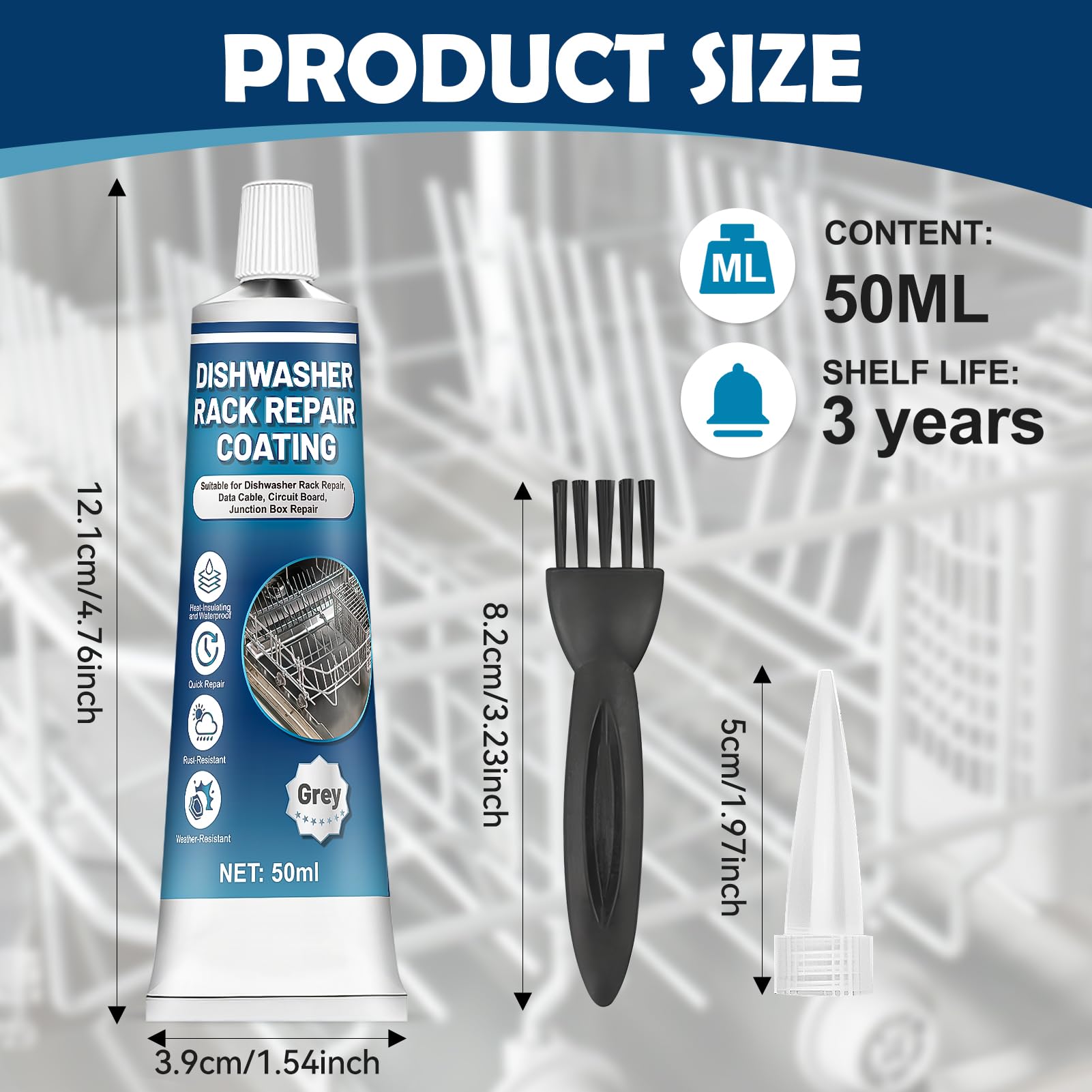 NoxGule Reparador Cesta Lavavajillas, Pintura para Cestas Lavavajillas, Rerack lavavajillas Gris, Fuerte Adherencia, Resistente al Agua, para Reparar Gomas Desprendidas en Cestas, 50ml — view 7