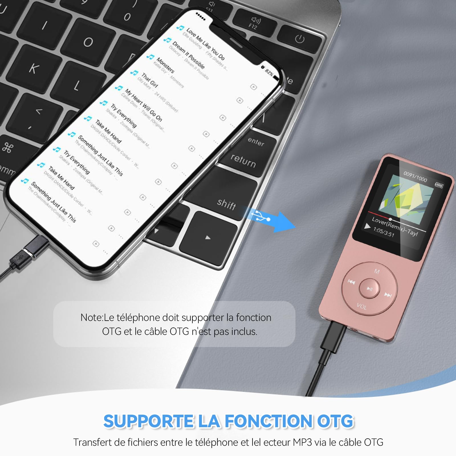 AGPTEK Lecteur MP3 Classique 64Go, Autonomie 70 Heures, Léger 30g, Hi-Fi, Baladeur Sport Enfant Adulte, Carte TF 128G - Rose