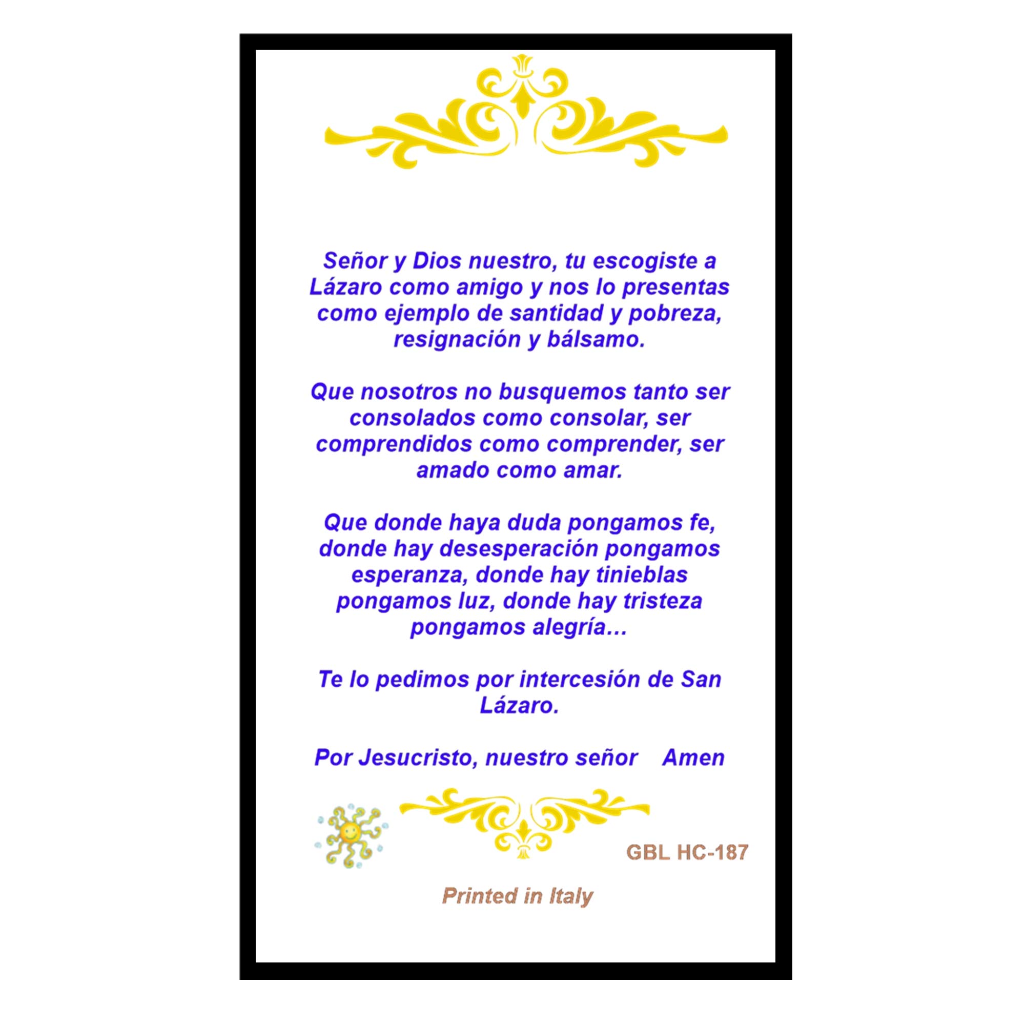 Gifts by Lulee, LLC Oracion a San Lazaro Tarjeta De Rezo Bendecida Por Su Santidad Francisco