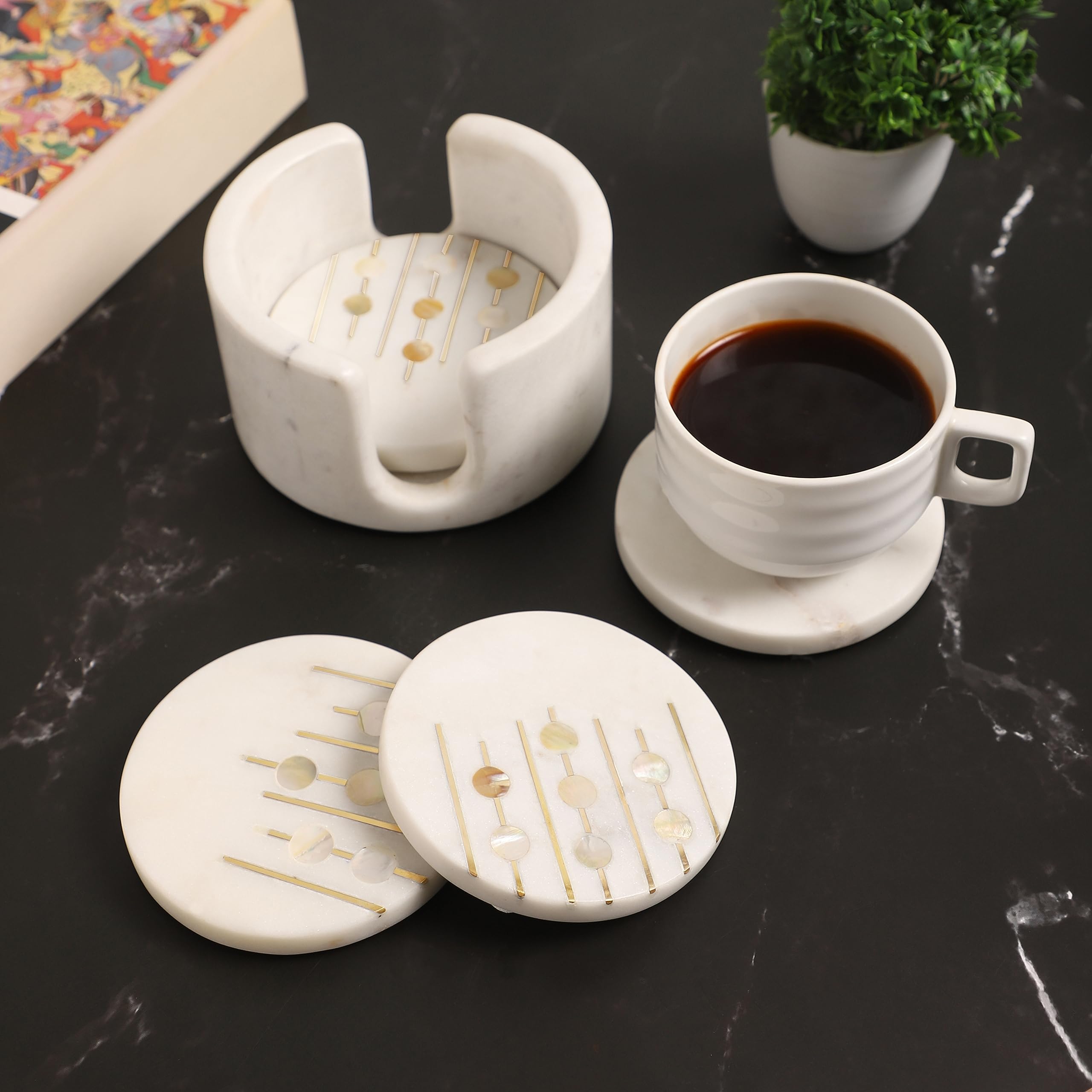 DREAMY WALLS Marble Coasters Set of 4 with Holder, Pearl & Brass Inlay, Dining Table Coasters for Hot Pots & Coffee Mugs Table Coasters Decorative Items for Home Decor