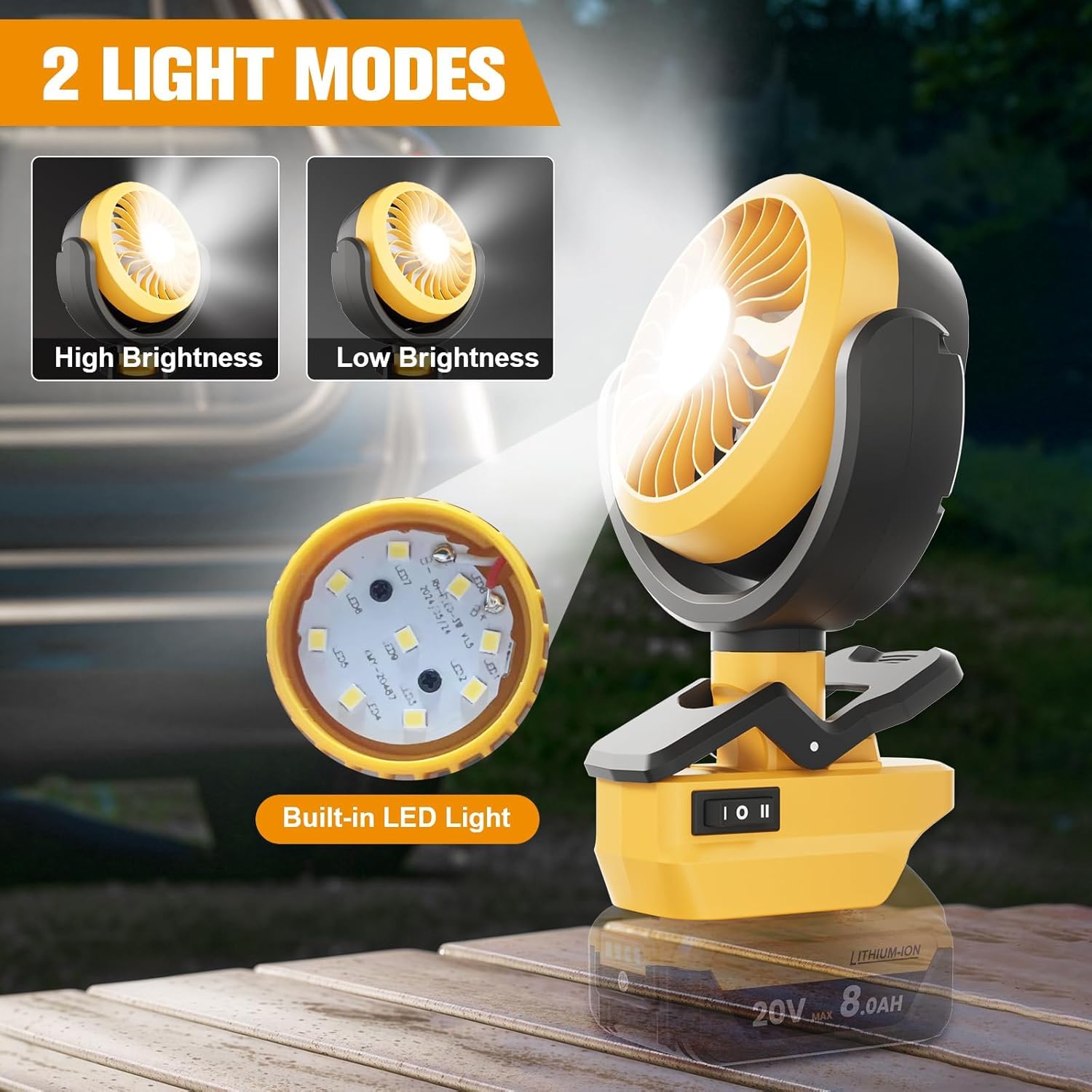 Tragbarer Ventilator mit 2 Stück 8000mAh Ersatzakkus für Dewalt 18V DCB182, Kompatibler Mini Lüfter mit 2 Wind- & Lichtstufen, Leiser Wiederverwendbarer Kühlventilator für Camping, Büro und Outdoor