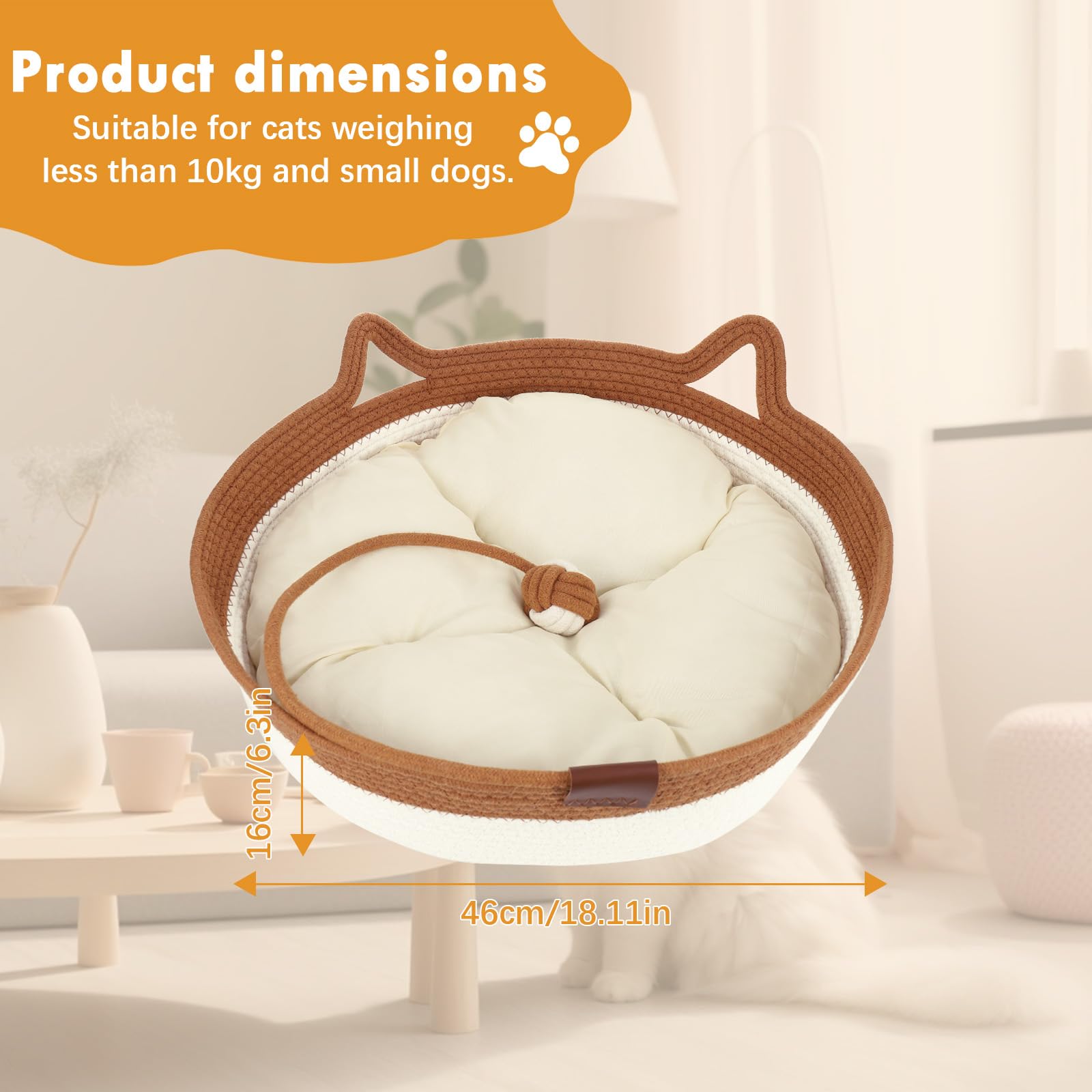 Zocipro Baumwollseil Katzenbett mit Kissen, 46x46x16 cm Groß Katzenbett, Katzenkörbchen Rund Waschbar mit Baumwollseil-Spielball für Alle Katze