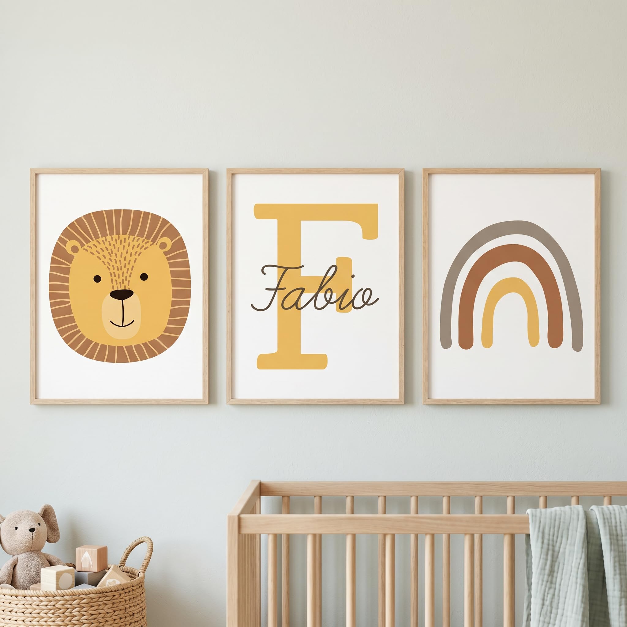 Set de 3 Cuadros Infantiles - Triptico Láminas Infantiles Personalizadas con Nombre e Inicial A3 - Decoración Habitación Bebé León y Arcoíris Boho Nordico Animales - Regalo Lienzo - Sin Marco (León)