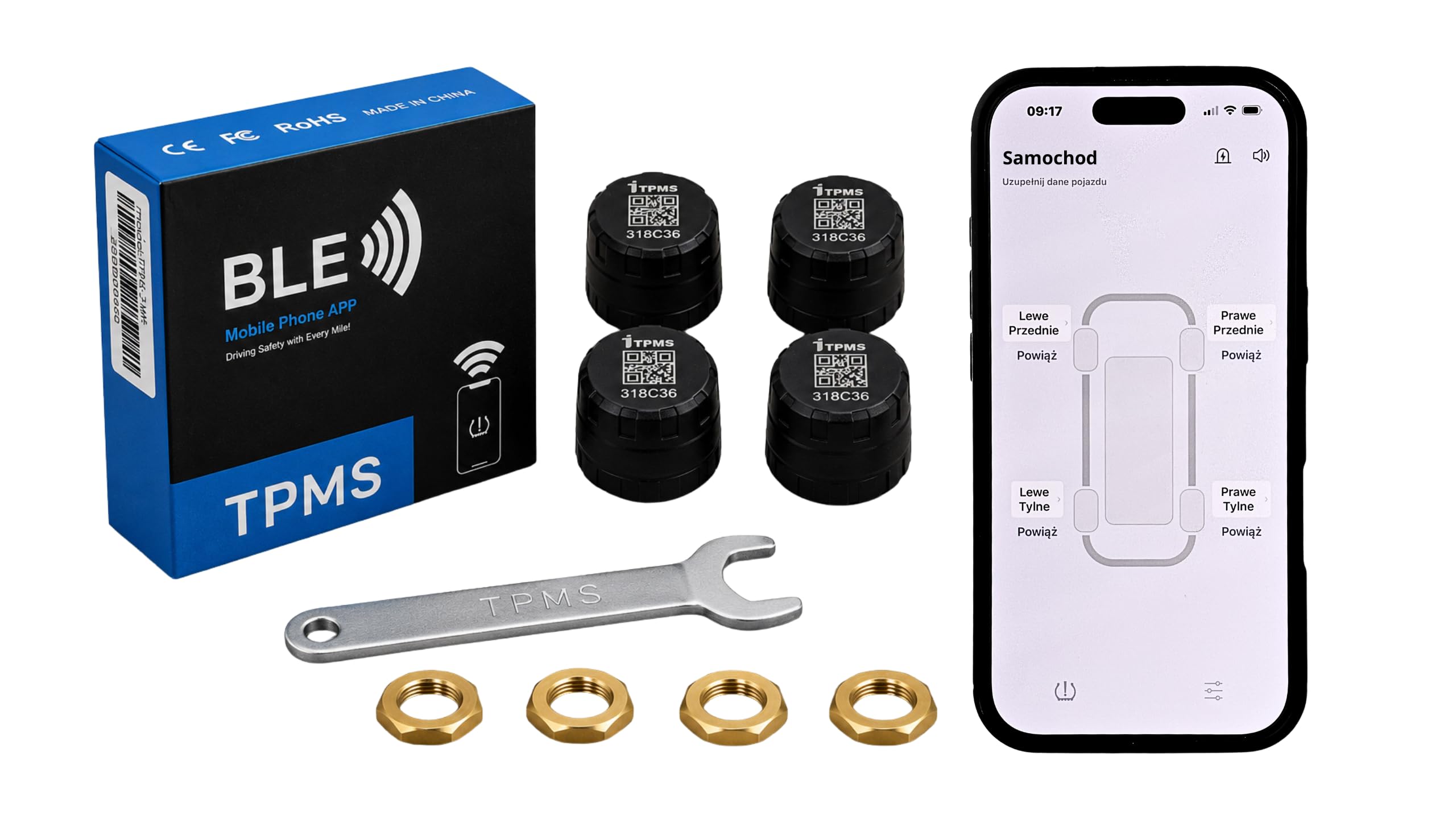 UNIWERSALNE 4 Czujniki TPMS do samochodu osobowego, SUV-a, auta 4x4, vana, pick-upa i kampera – bezprzewodowy monitoring ciśnienia i temperatury opon przez Bluetooth
