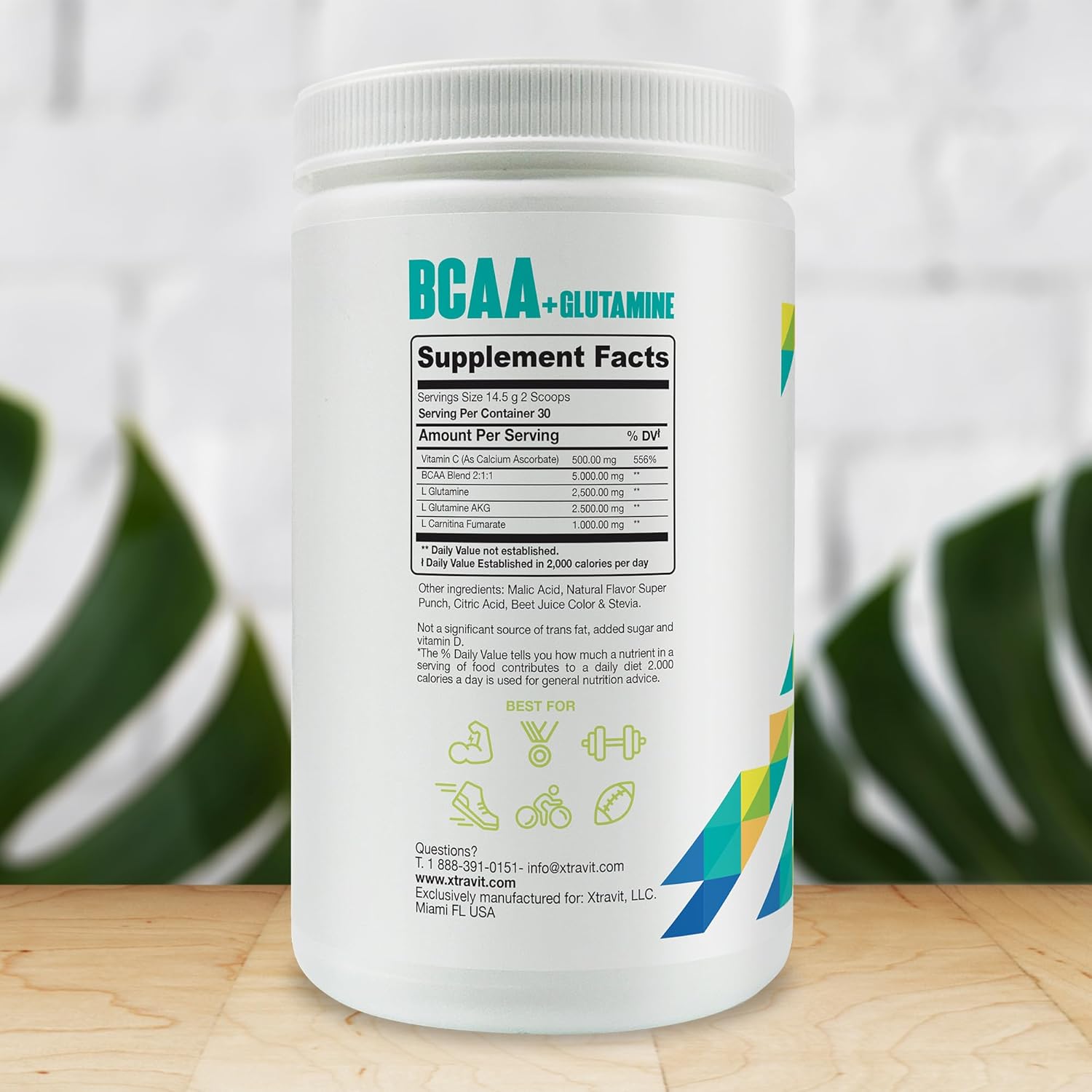 BCAA+ Glutamine Powder Supplement - Natural Fruit Punch Flavored Workout Drink for Men & Women - Branched Chain Amino Acids for Energy & Muscle Recovery - No Sugar, 38.8 oz., 30 Servings