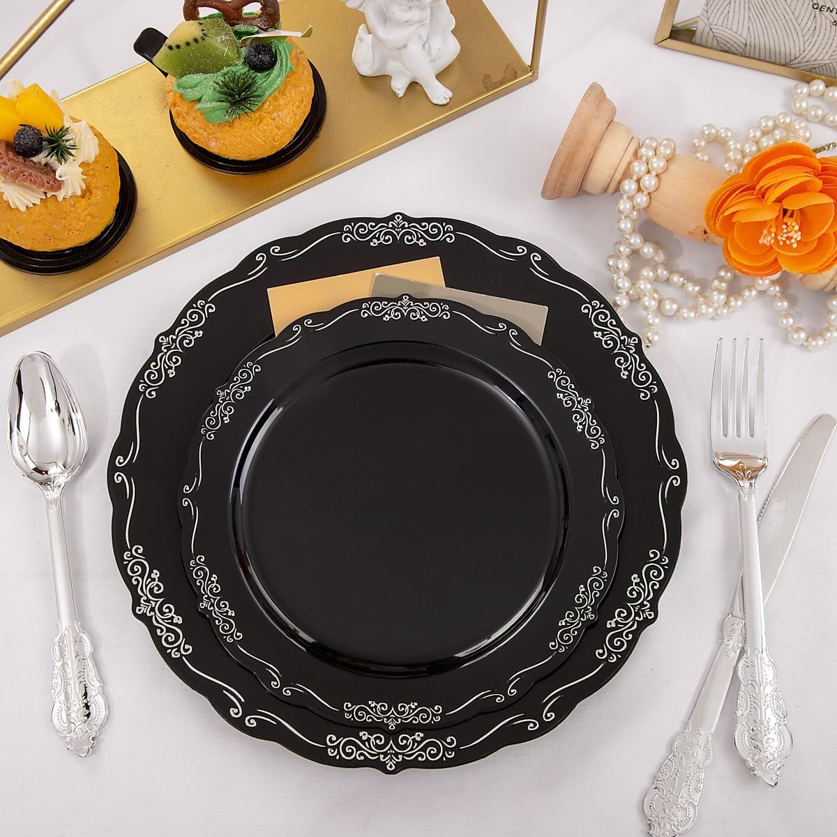 DaYammi 150 Pcs Black Silver Plastic Plates & Silver Plastic Silverware,Black silver Disposable plates for Include 30 Dinner Plate,30 Dessert Plate,30 Knives,30 Forks,30 Spoons for Party Wedding - Image 8