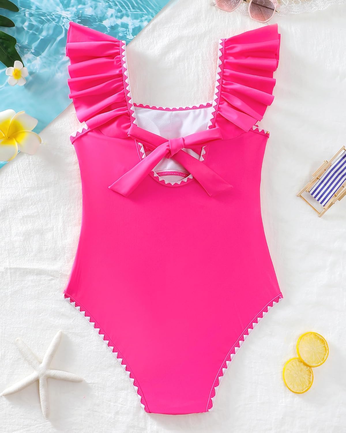 Girls Swimsuit One Piece Color Contrast Trim Bathing Suit Ruched Tie-Back Padded Swimwear 7-16Y - Image 6