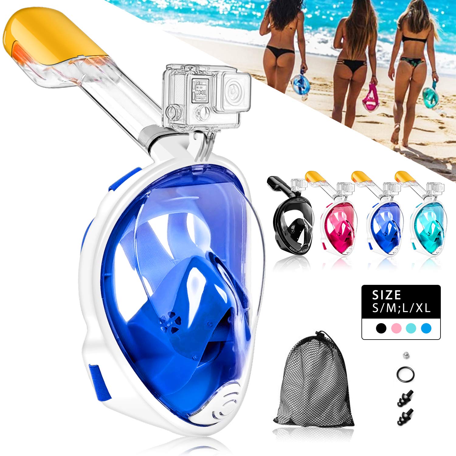 HINATAA Máscara de Buceo, 180°Panorámica Máscara de Snorkel de Cara, Anti-vaho Anti-Fuga,con Tapones con Tapones para los oídos Impermeables, Easy Breathe para Adultos,Jóvenes,Niños