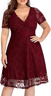 Women's Wedding Guest Plus Size Semi Formal Cocktail Lace Wrap V Neck Short Sleeve Knee Length Dress