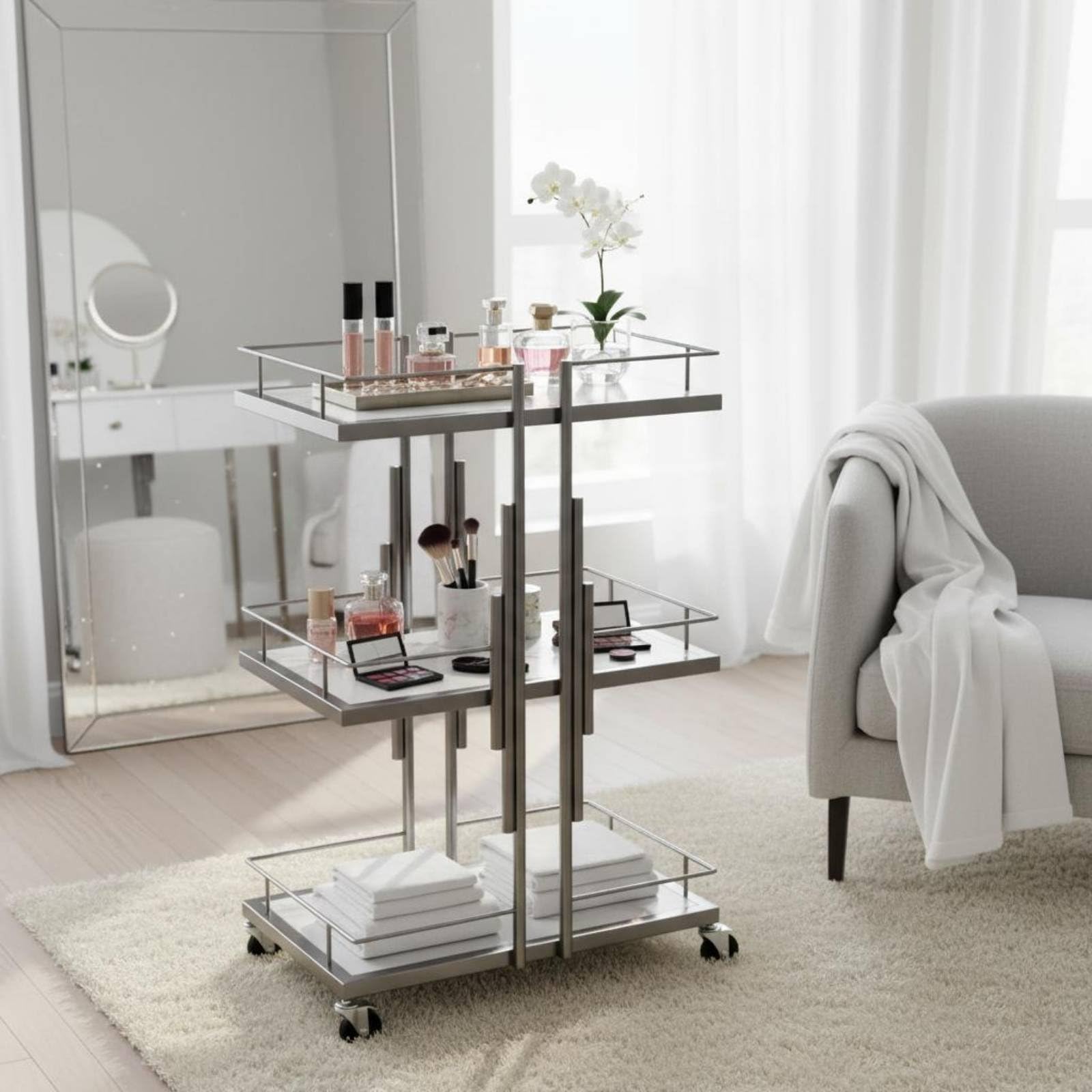 Carro de Salón con Niveles Mueble Organizador Metálico Estantes Imitación Mármol Ruedas Giratorias Suaves Adecuado para Centro de Estética Barbería Dormitorio, Plata