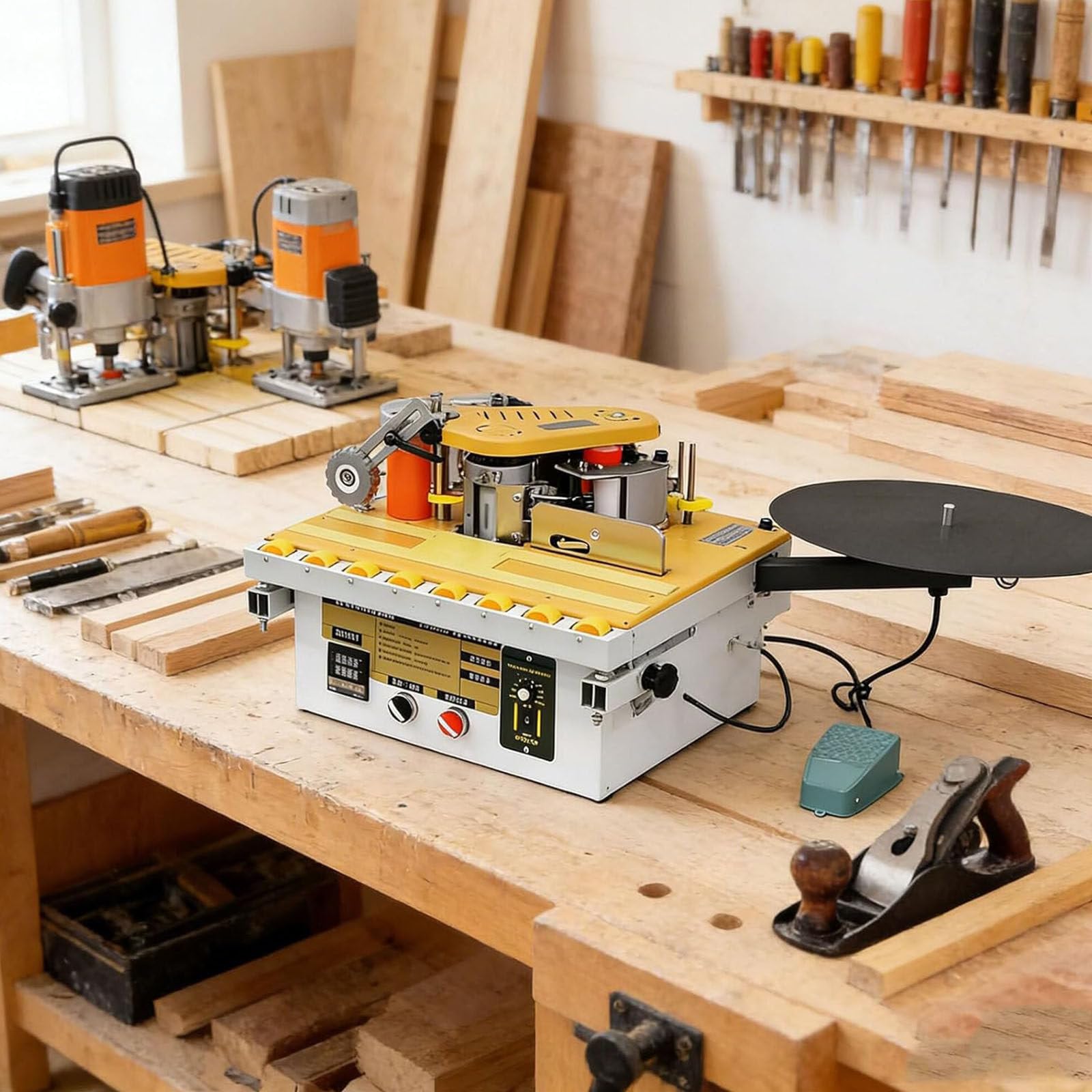 Encoladora de cantos de madera portátil para cantear bordes curvos con corte automático de cinta