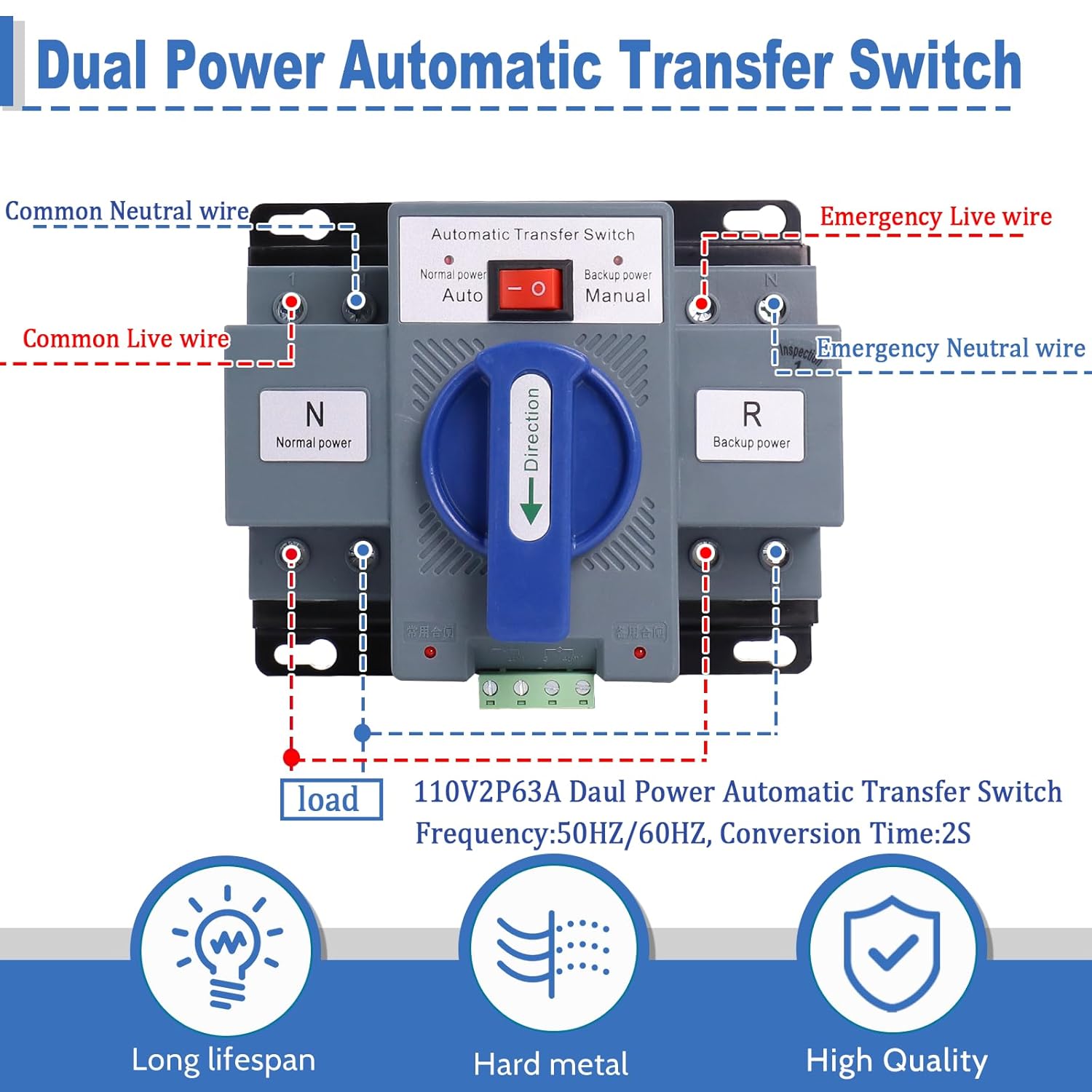 Dual Power Automatic Transfer Switch, 2P 63A 110V Dual Power Generator Changeover Switch 50HZ/60HZ