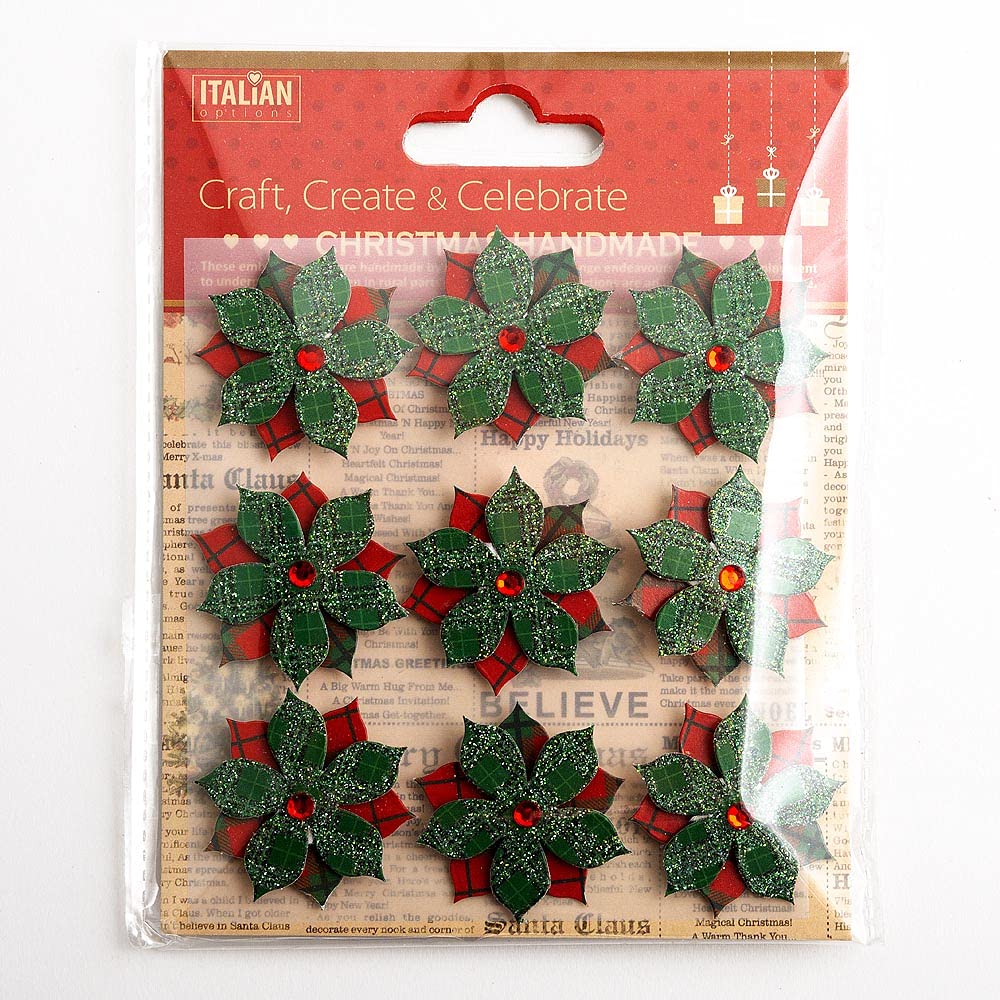 Italian Options 3cm Tartan Poinsettia Christmas Flower Craft Decorations - Self Adhesive (9 pcs)