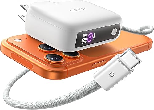 LISEN Cargador de viaje rápido 3 en 1, cargador de pared de 35 W y banco de energía de 27 W, cargador portátil con cable USB-C integrado de 3.3 pies