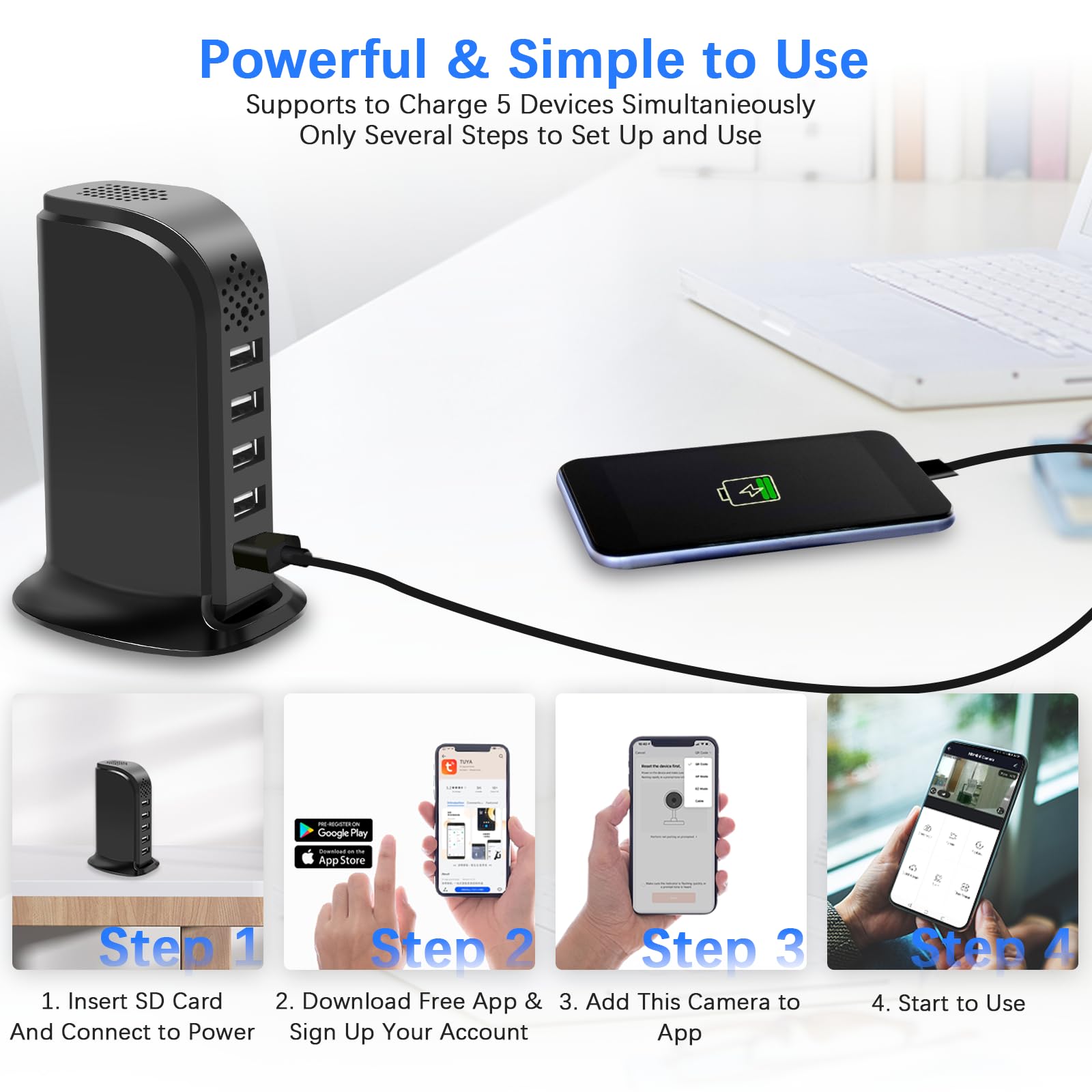 Caméra de sécurité espion cachée WiFi avec chargeur USB, FHD 1080p sans fil pour maison, 5 ports de charge, caméra cachée avec détection de mouvement, enregistrement en boucle