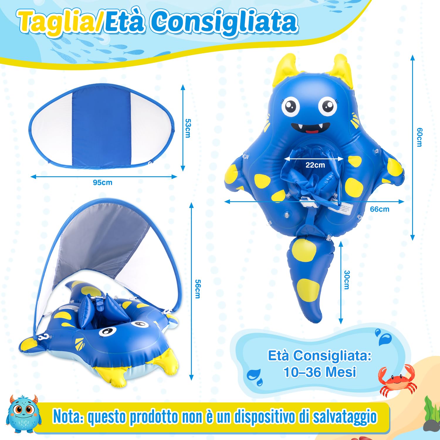 Salvagente Neonato con Parasole, Ciambella Neonato Mare UPF50+ Protezione UV, Anti-Ribaltamento, Sedile di Sicurezza Regolabile, Salvagent Gonfiabile Piscina per Bambini da 10 a 36Mesi