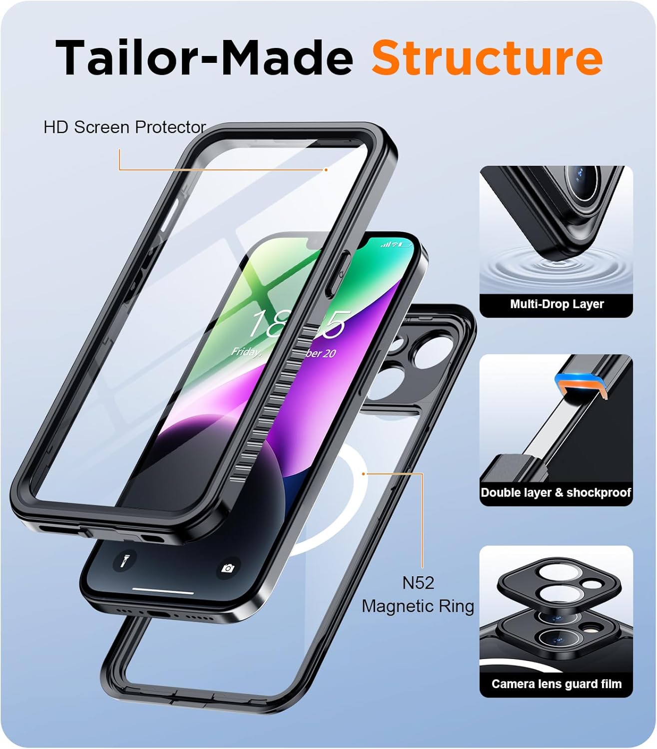Temdan Magnetic for iPhone 14 Case Waterproof,Built-in Screen Protector[IP68 Underwater][Upgrade Military Dropproof][Compatible with MagSafe] Full Body Shockproof for Phone Case 6.1''- Black