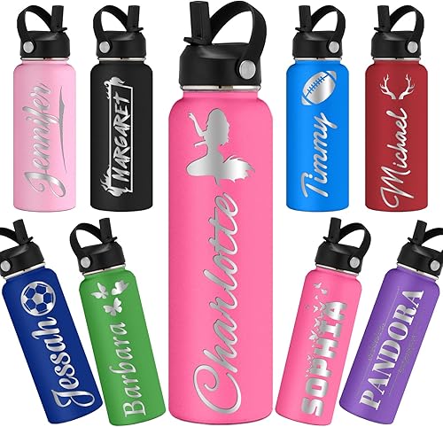 Botellas de agua personalizadas con tapa de pajilla, botellas de agua deportivas grabadas de 24 onzas con nombre, logotipo, monograma para la