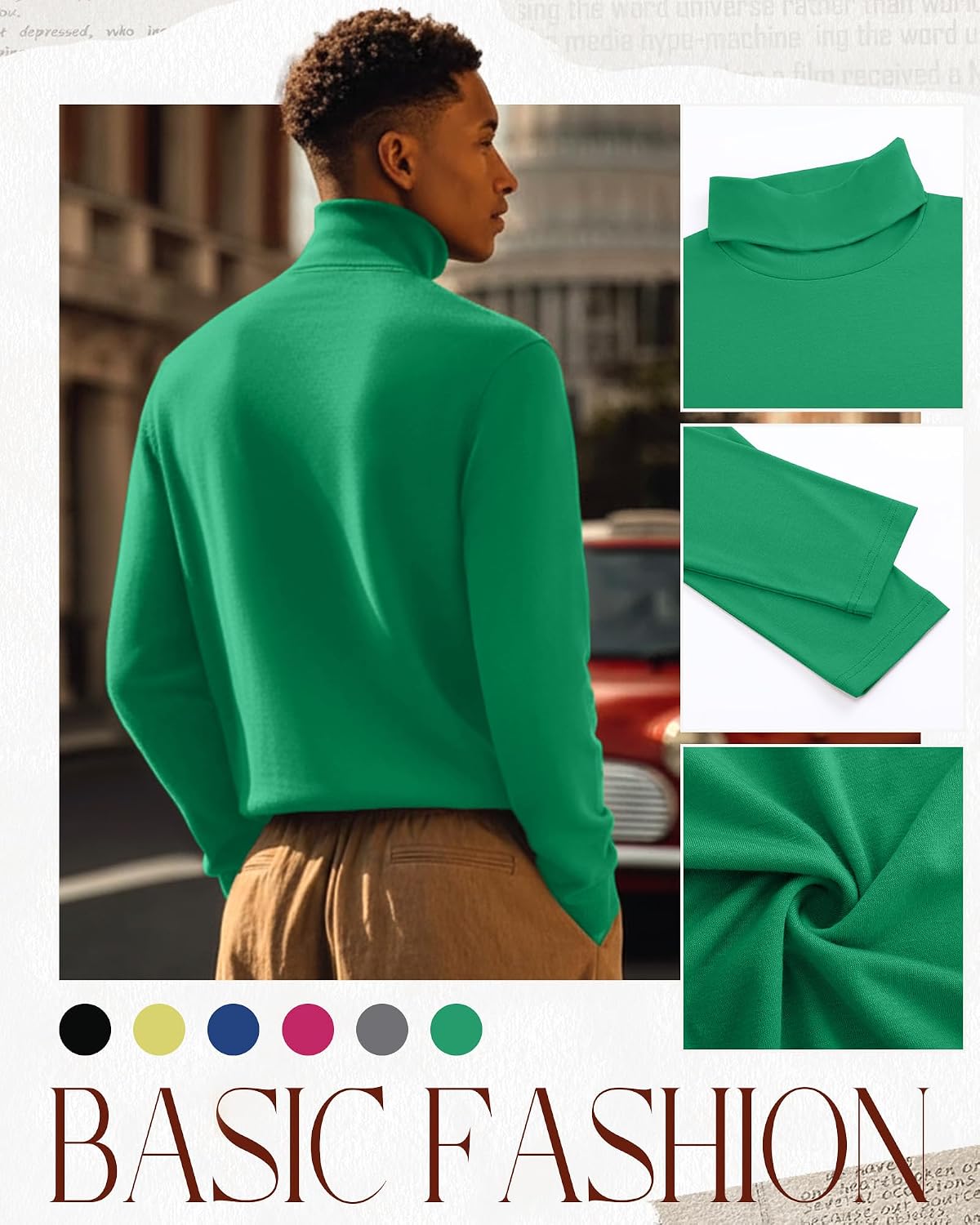 August Alley 6 Pack Men's Turtleneck Shirts Long Sleeve Slim Fit Pullover Top Base Layer Tees Multipack