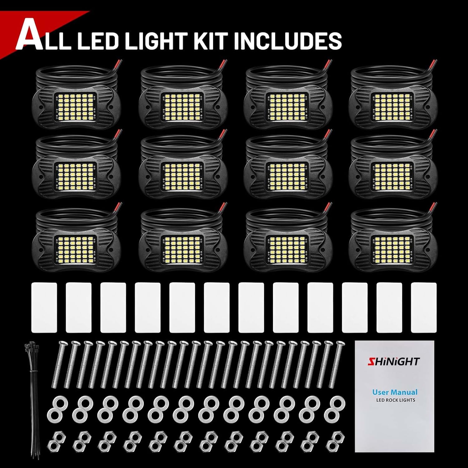 SHINIGHT 12 Pods White Rock Lights 6000K Pure White Super Bright Underglow Light,10FT/3M Extension Wires Each Light,36 LED SMD Chips,Waterproof IP68,Rock Lights for Trucks UTV ATV SUV Boats