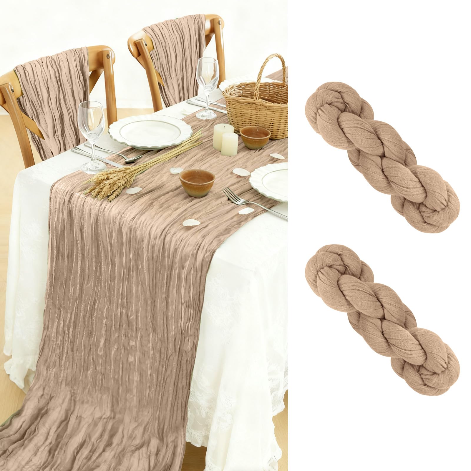 BOUBONI 2 Pack Cheesecloth Table Runner 90x300cm Boho Gauze Table Cloth for Birthday Party Wedding Baby Shower Decoration (Khaki) — image 1