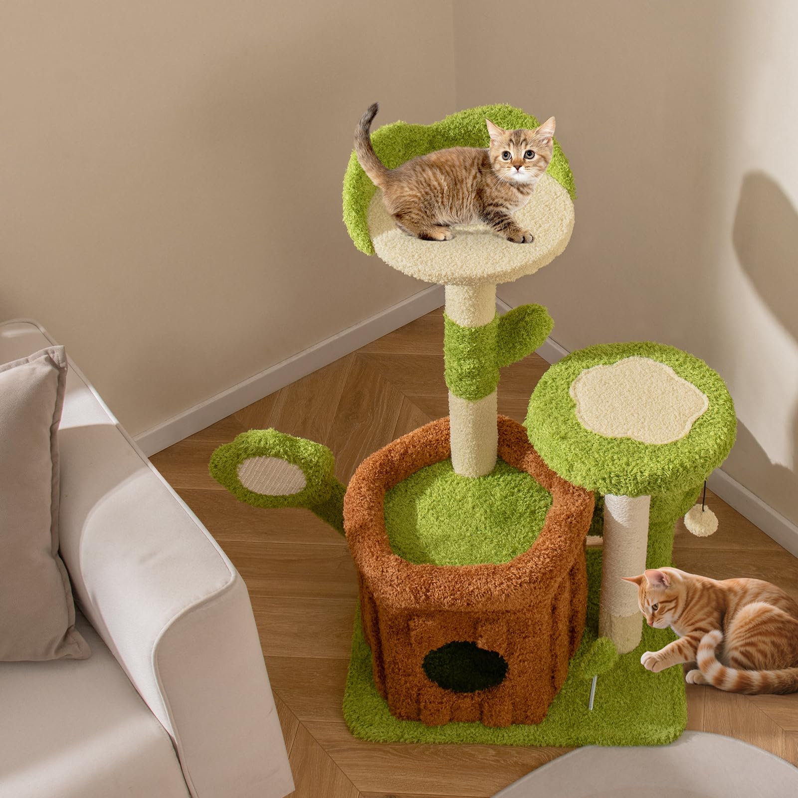 COSTWAY Árbol para Gatos de Bosque, Torre Multinivel con Condominio de Tronco, Percha Floral Acolchada, Rascador de Sisal y Juguetes, Centro de Actividades para Gatitos y Adultos, Verde + Marrón