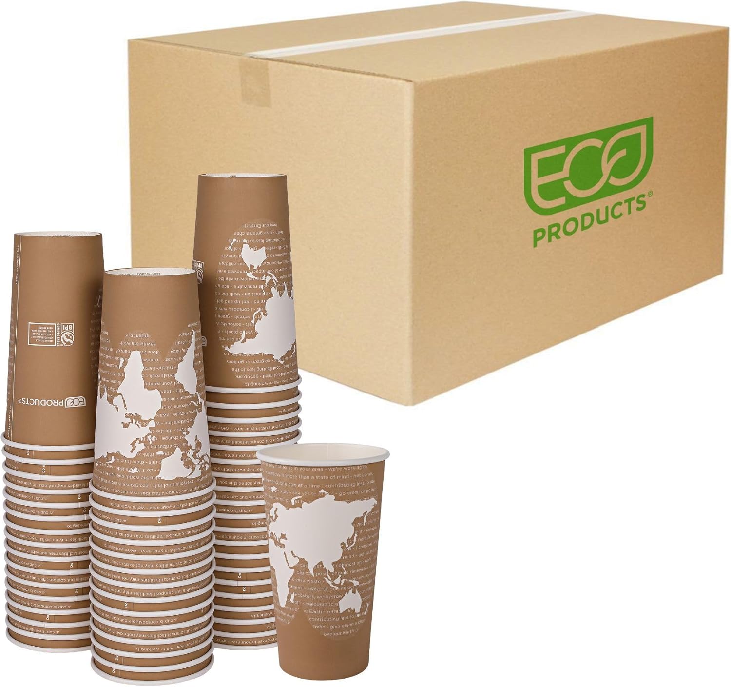 ECO PRODUCTS Compostable Disposable World Art 20oz Large Coffee Cups, Case of 1000, Renewable Hot Paper Cup, Plant Based PLA Lining, Color Coded