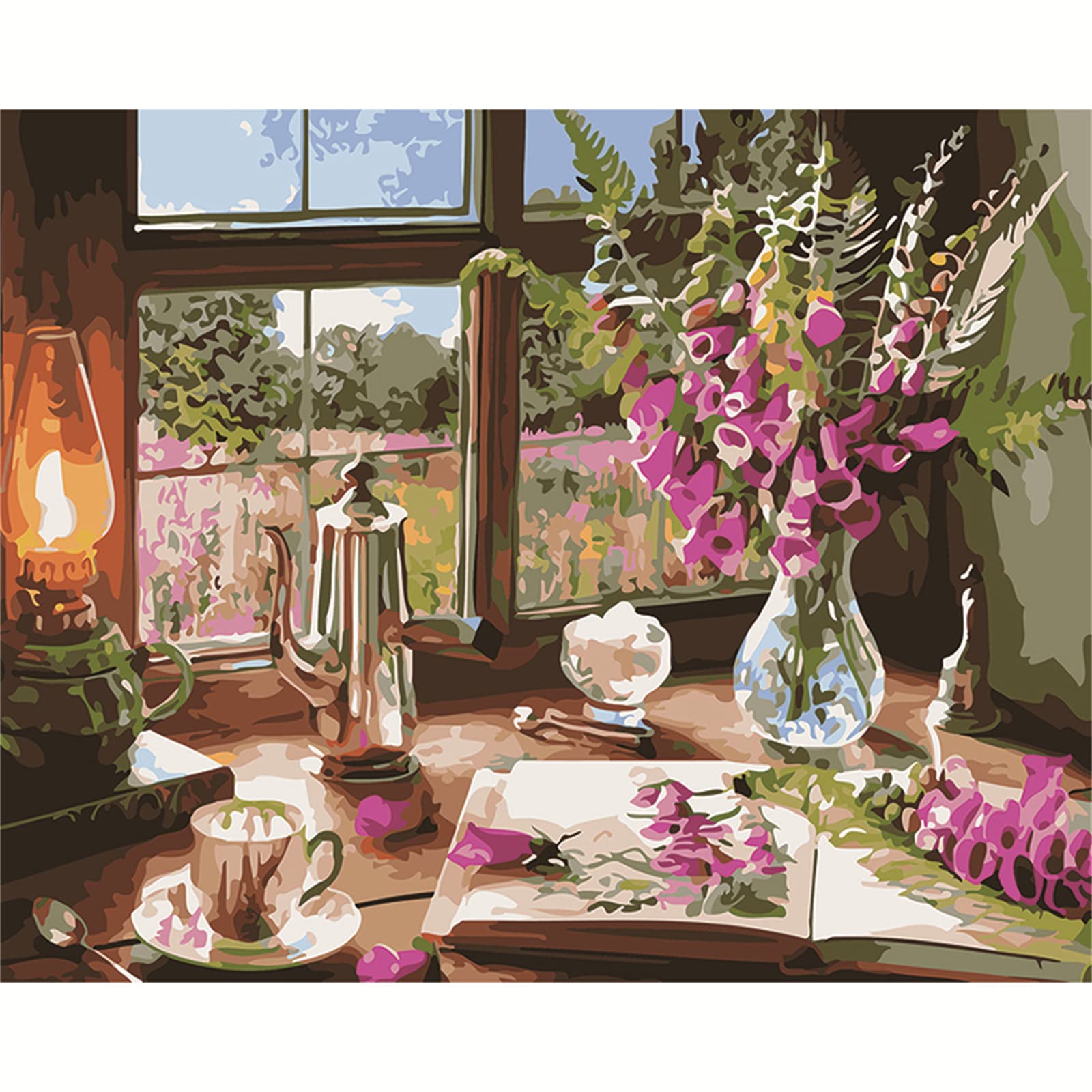 Dipingere i Numeri per Adulti,Fiore della finestra Kit Pittura Numeri Fai da Te,per Bambini Principianti con Pittura Acrilica e Pennelli Paint by Numbers Tela Olio Decora la casa 40x50cm,Con cornice