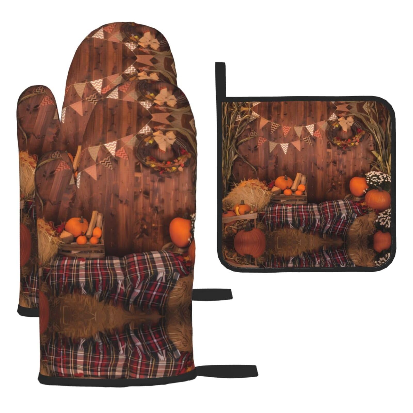 Autumn Pumpkins Printed Oven Mitt Set 3-Piece | Heat Resistant Gloves & Pot Holder Mat for Cooking, Baking & BBQ