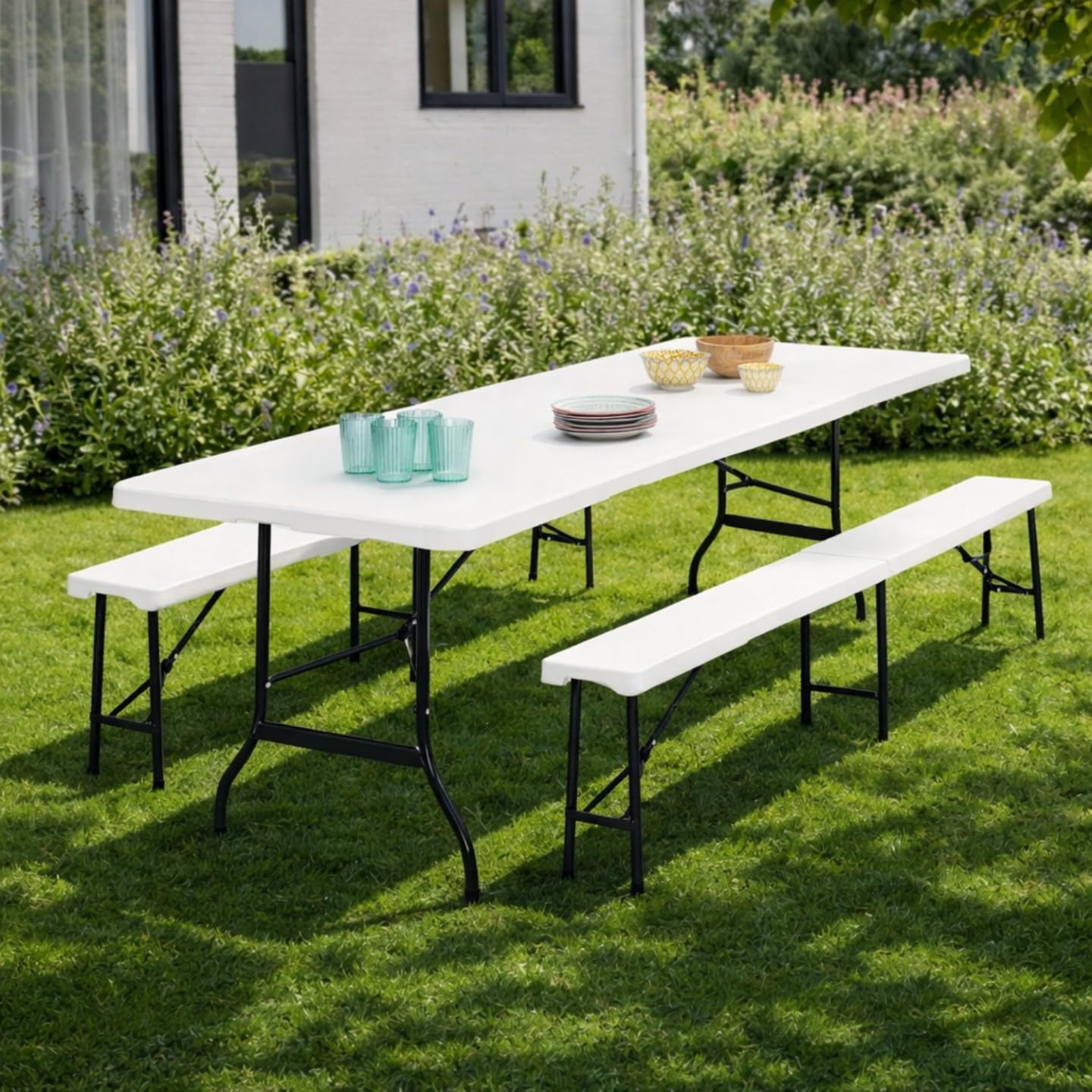 Probache - Table Pliante d'appoint Portable 180 cm et 2 bancs Pliables pour Camping ou réception
