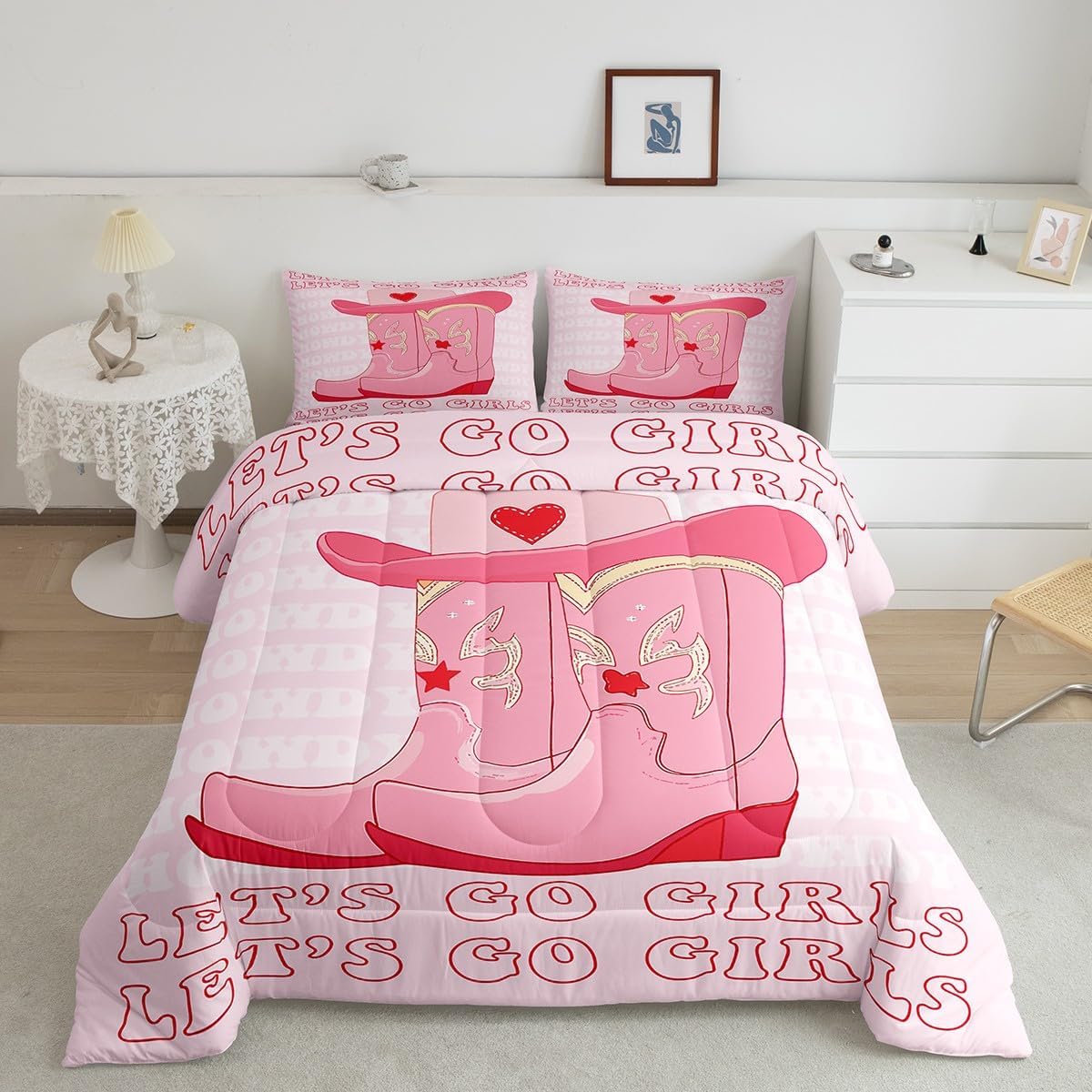 Erosebridal Pink Cowgirl Comforter Set, Queen Size, 3 Pcs - Cowboy Boots Hat Quilt Comforter, Wild West Theme Duvet Insert, Kids Teen Women Room Decor