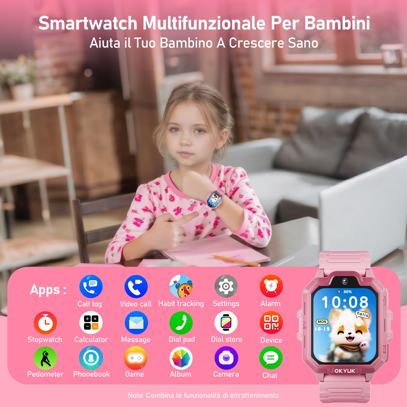 OKYUK T17 smartwatch bambini, 4G orologio bambino, GPS per bambini, SOS, chat vocale, SMS, modalità scuola, giochi e stazione di ricarica Panda, orologio per ragazze e ragazzi（Rosa）