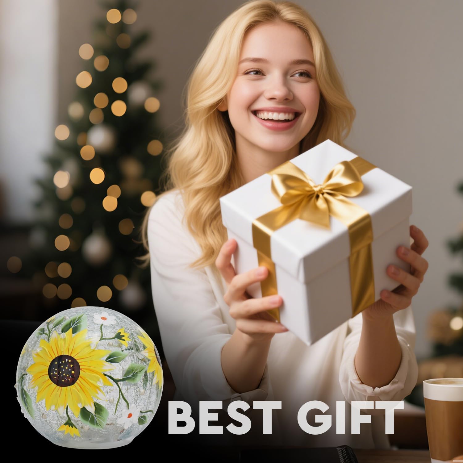 Crackle Glass Ball Lamp, Glass Lighted Globe, Hand-Painted LED Sphere Lamp, Battery Powered Decorative Orb, Warm Night Light for Living Room, Bedroom, Gifts (Sunflower Stained)