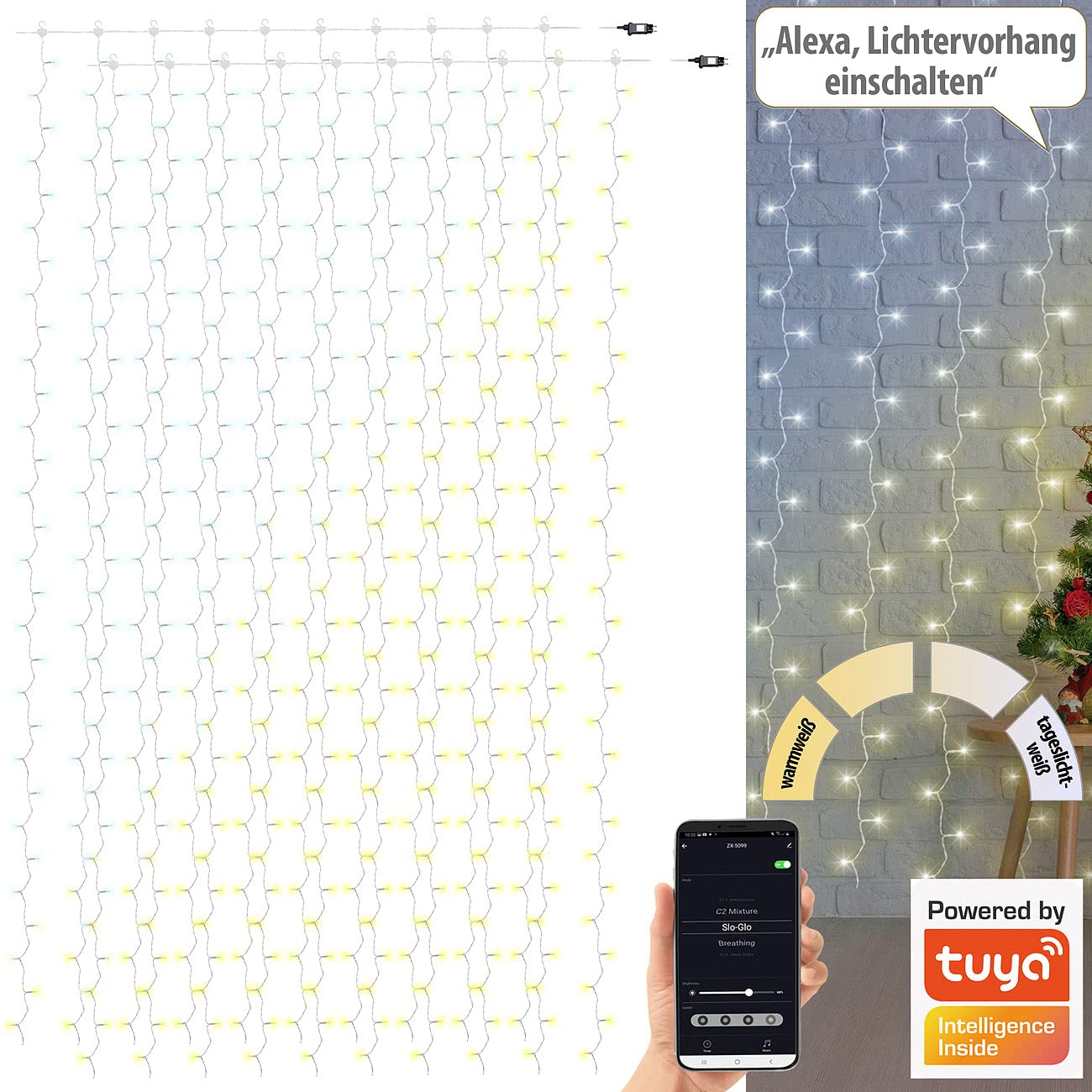Luminea Home Control Lichtervorhang innen: 2er WLAN-LED-Lichtervorhang, 300 CCT-LEDs, dimmbar, App, IP44, 3x3 m (außen, kaltweiß, Kabel)