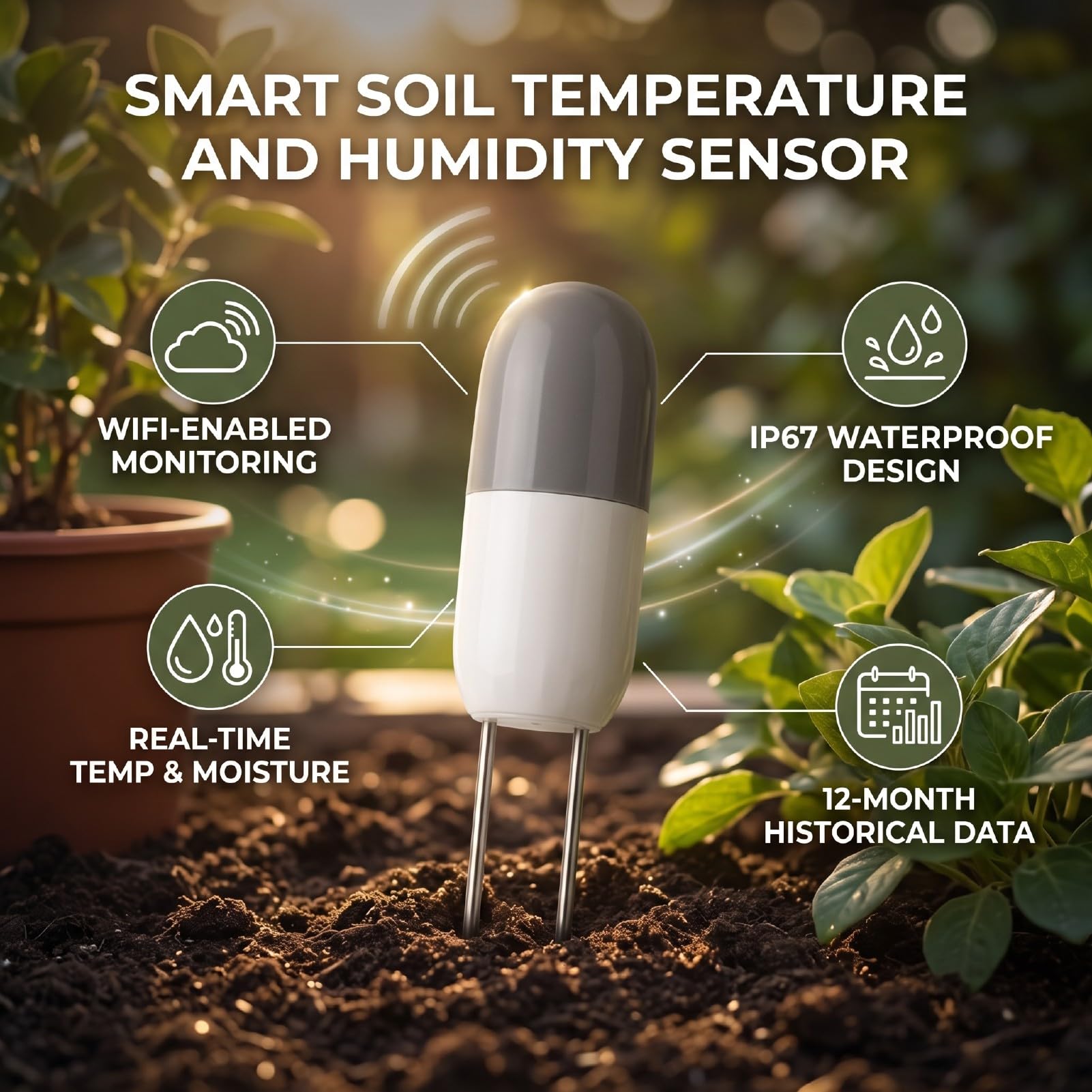 Thermomètre et Hygromètre de Sol sans Fil, Capteur Intelligent for Surveillances de la Température et de l’humidité du Sol