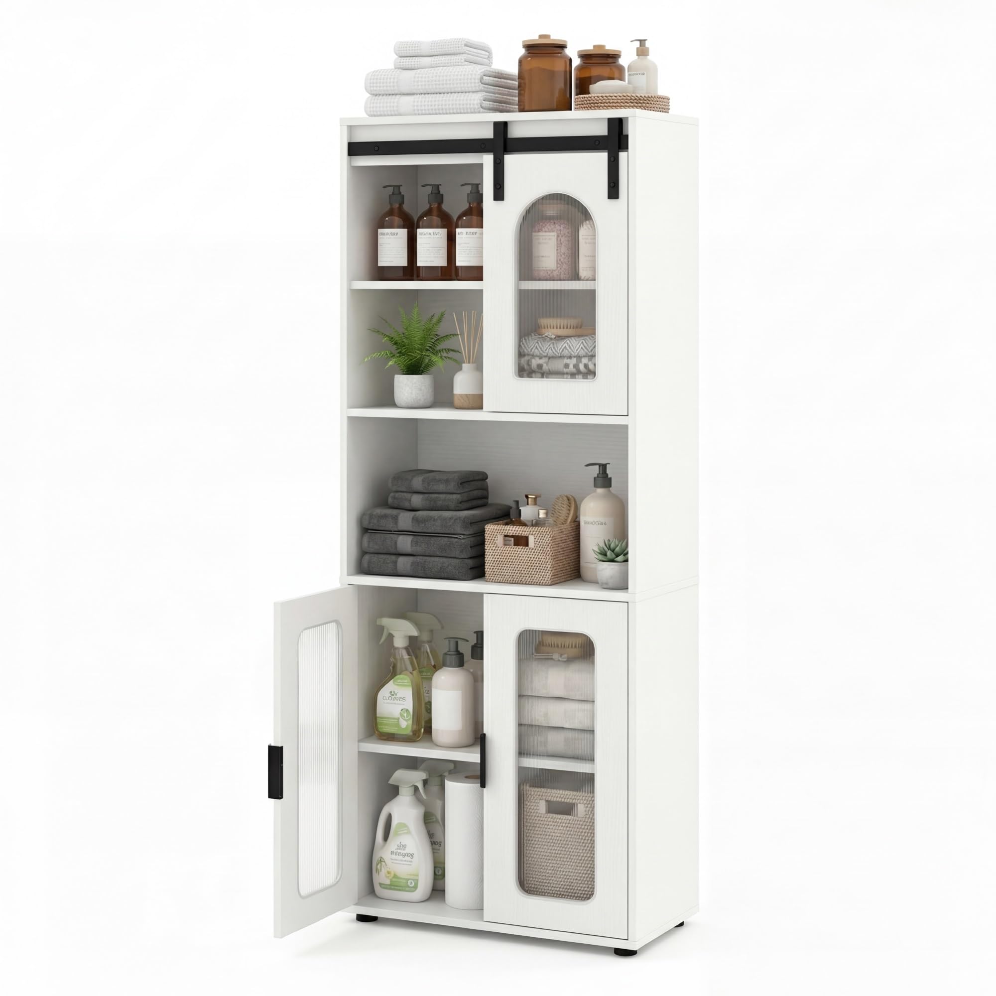 LIFEZEAL Armario Alto de Baño con Puerta Corredera Tipo Granero (Blanco) | 150 cm Mueble Auxiliar Salón con Compartimento Abierto y Estantes, Armario de Almacenamiento para Cocina, Recibidor, Baño