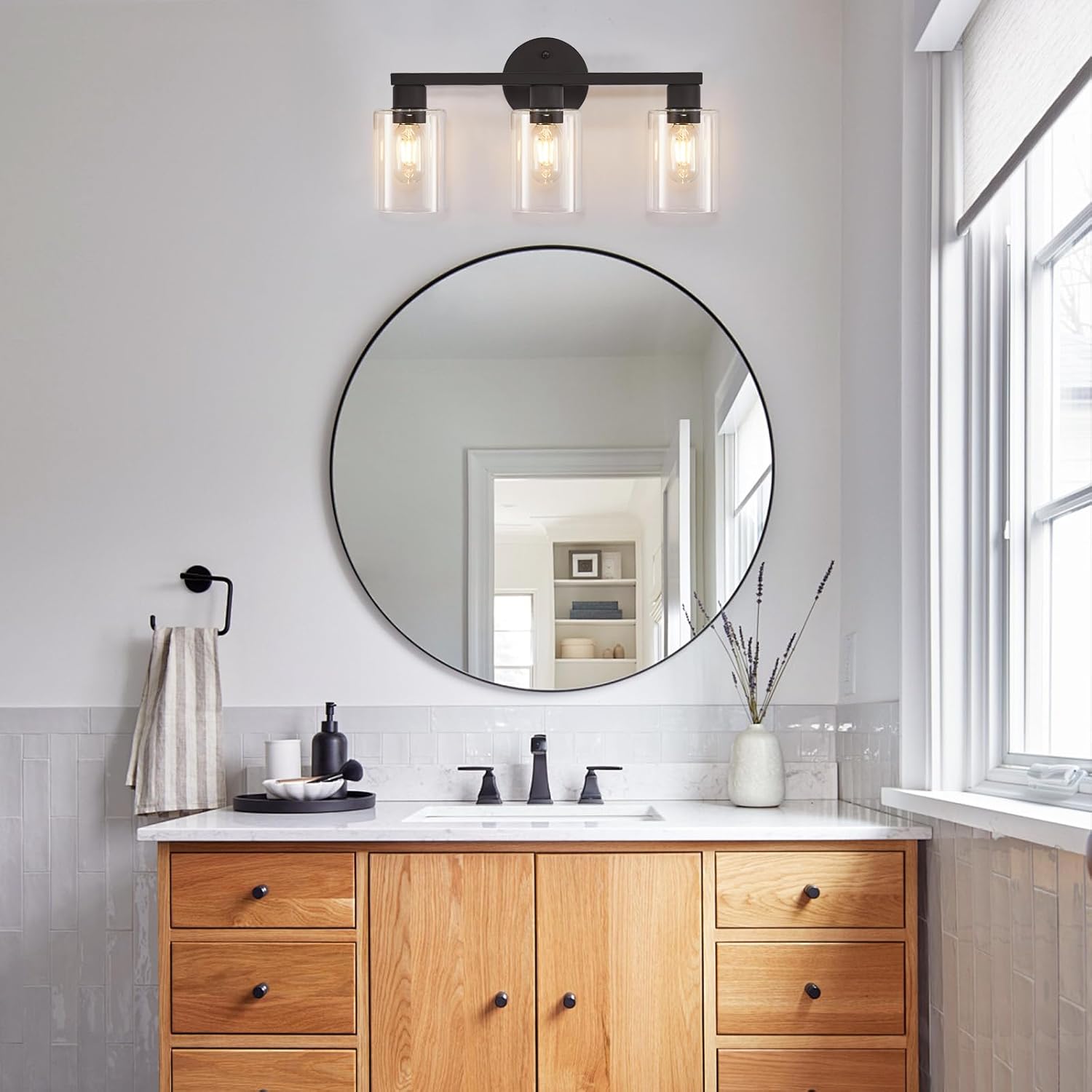 Bathroom Vanity Light Bathroom Light Fixtures Vanity Lights for Bathrrom Light Fixtures with Clear Glass Shade for Bath 3 Light (Black)