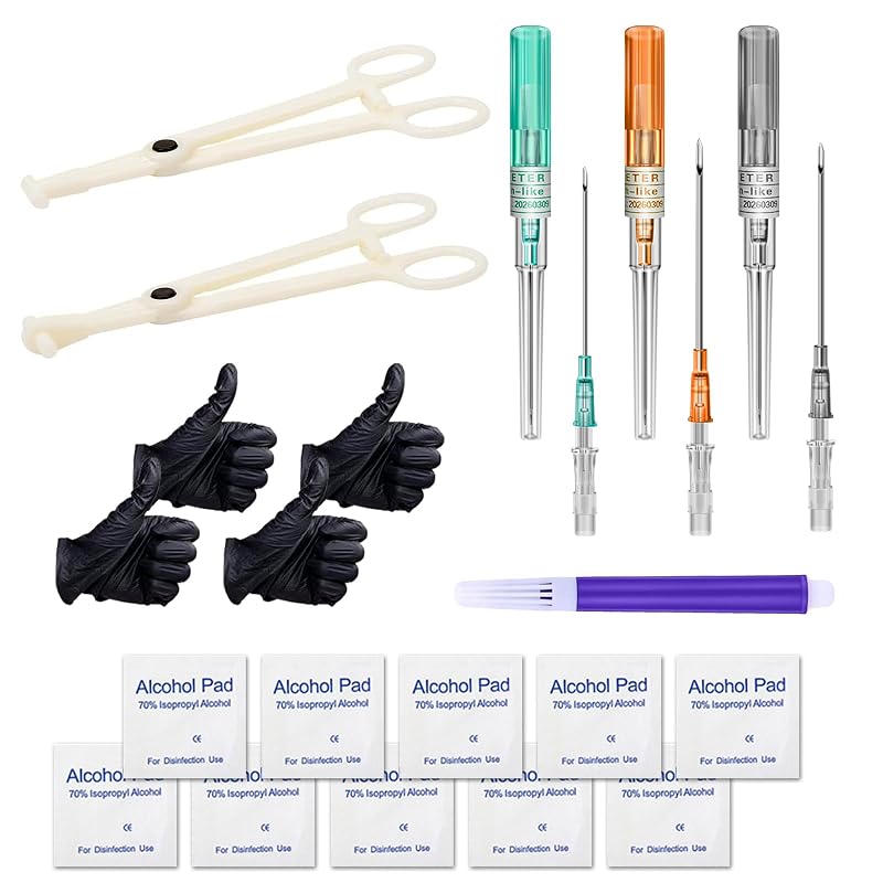 Kit para piercing corporal combofix com agulhas cateter 14G, 16G e 18G, pinças e acessórios — 21 peças