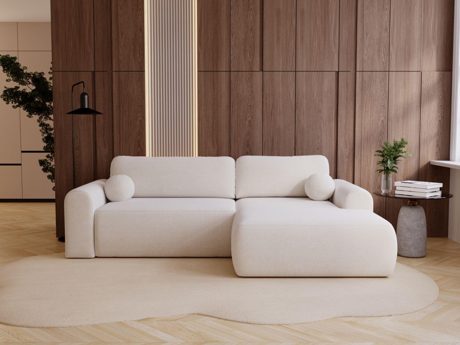 GRAINGOLD Savana L 257x177 cm, L-Form Sofa, Schlafcouch für Wohnzimmer, Bouclé-Stoff, 3-Sitzer Eckcouch, Ecksofa mit Bettkasten (Weiß, Rechts)
