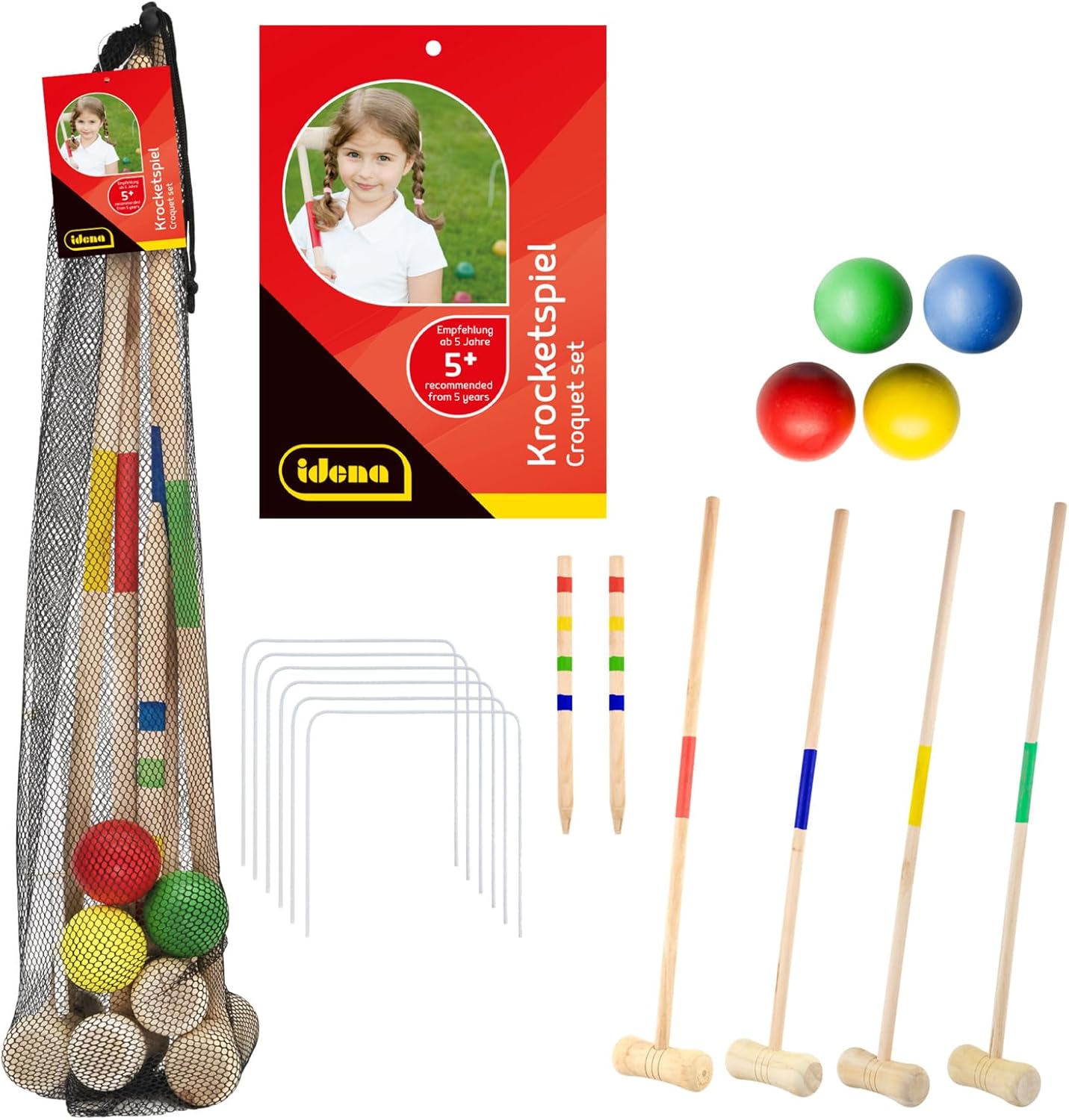 Idena 40609 Wooden Croquet Game with Bats, Balls, Metal Gates and Target Marking Rods, in Practical Carry Net, Fun Leisure Game for the Garden and Park