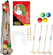 Idena 40609 - Wooden Croquet Set with Mallets, Balls, Metal Goals and Sight Sticks in a Transport Net, Leisure Game for Garden and Park