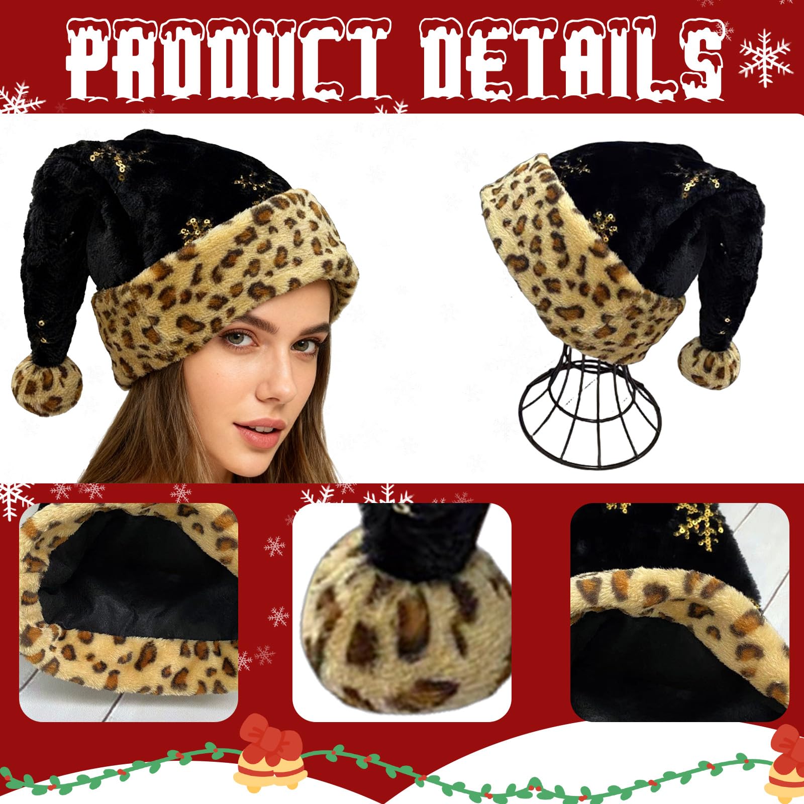 yayafunfun Leopard Print Santa Hat Sparkly Christmas Hats for Adults Kids Father Christmas Hats Costume - Image 3