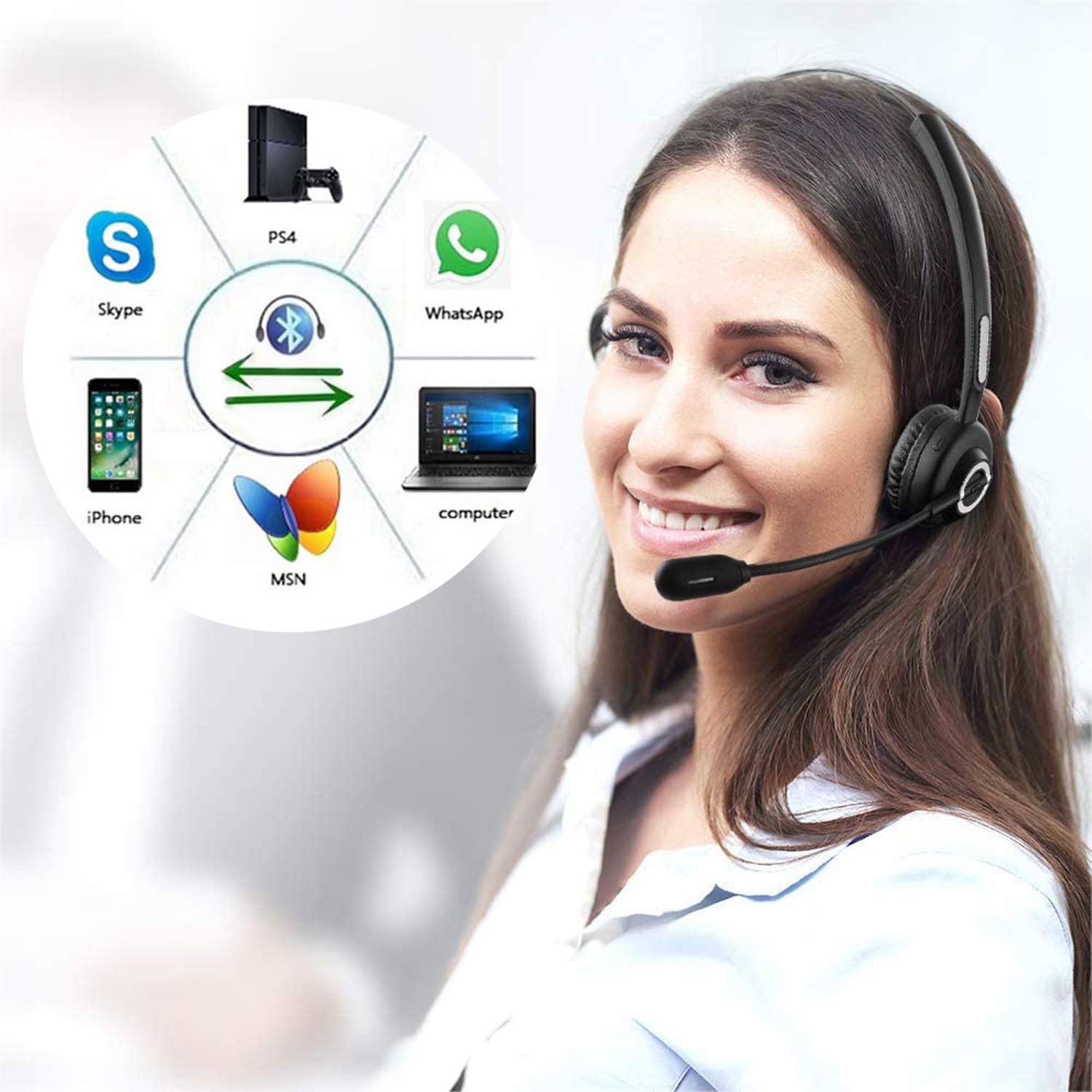 Auricolare Bluetooth per ufficio con microfono,Cuffie Bluetooth senza fili,Cuffie Bluetooth Trucker con cancellazione del rumore, auricolare vivavoce con dock di ricarica per call center, casa,PC