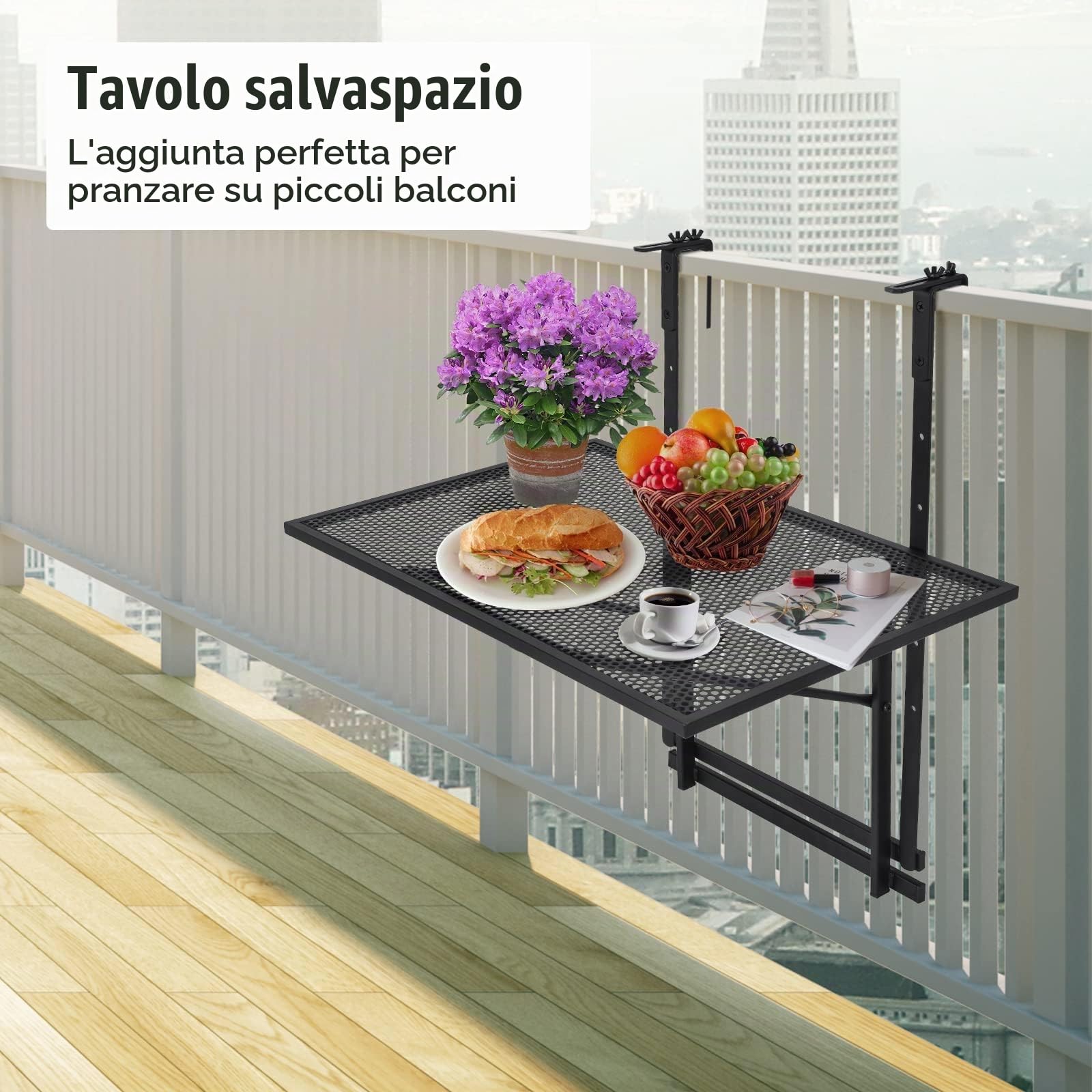 RELAX4LIFE Tavolino da Balcone, Tavolo da Giardino Pieghevole in Metallo, Altezza 5 Regolabile con Ganci, Tavolo Sospeso Portata 20kg, per Ringhiera Interno/Esterno, Nero (60,5x50,5x83cm)