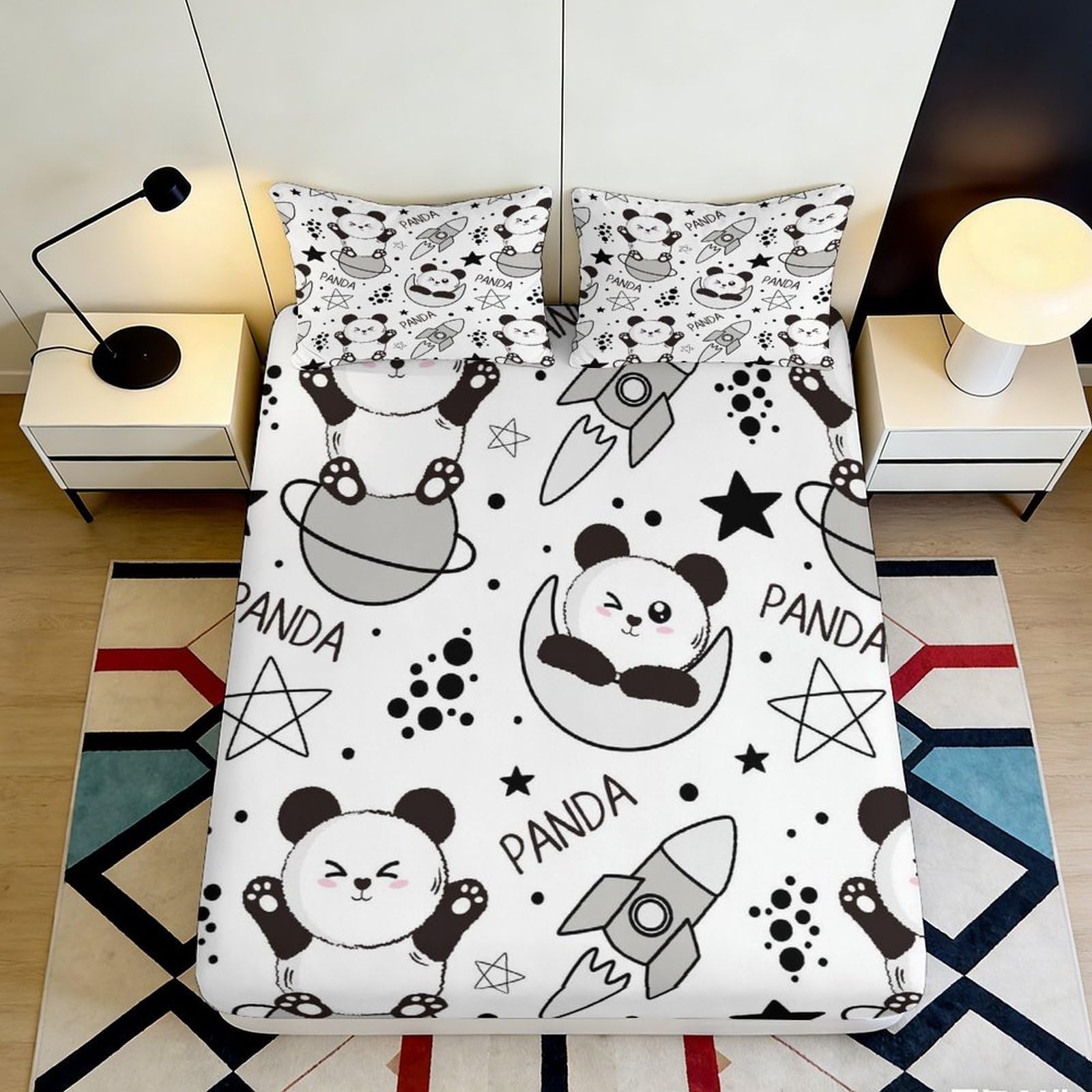 3D Printed Panda Space Fitted Sheet Microfiber Soft Anti-Slip Cartoon Rocket Bed Cover for Bedroom Guest Room Easy Care 90x200x25cm