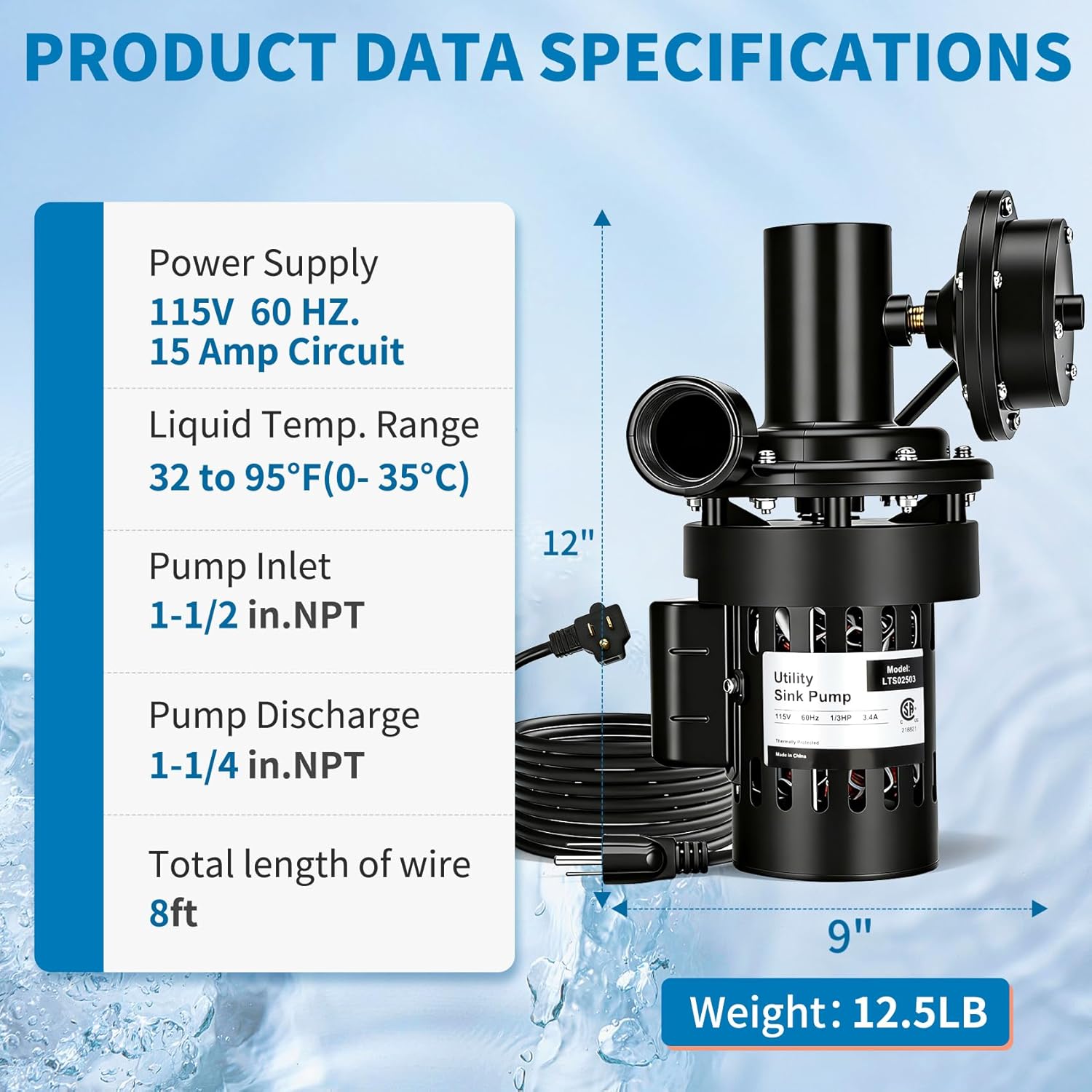 Automatic Utility Sink Pump Directly Installed Under the Sink, Gravity Free Drainage Laundry Pump 115V Heavy Duty Thermoplastic with Drainage Filter Screen & Check Valve and Ball Valve