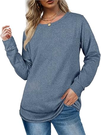Women Trendy Long Sleeve Shirts Tops Solid Color Crewneck Sweatshirt Baggy Tunics Blouses Fall Fashion Clothing 2024
