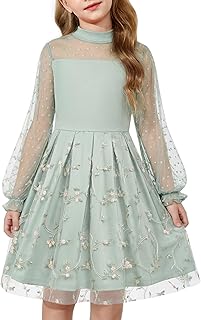 Arshiner Girls Dresses Contrast Mesh Puff Long Sleeve Mock Neck Formal Party A Line