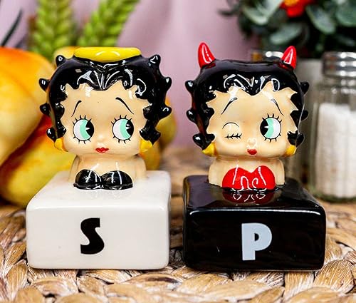 Miniatura 3 de Ebros Gift Novedosa colección de Betty Boop con halo y cuernos de cerámica cómica de sal y pimentero, juego de figuras coleccionables americanas